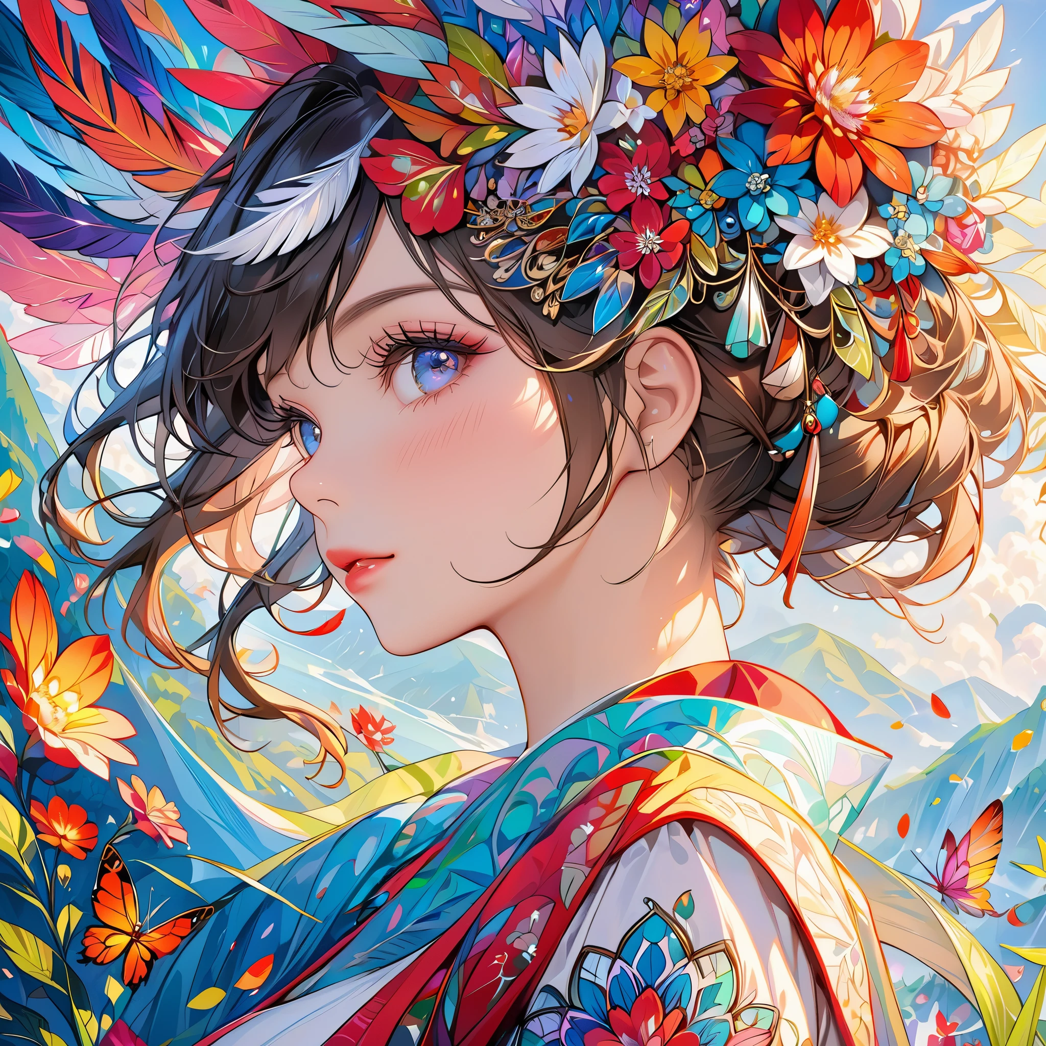 masterpiece,top quality,best quality,official art,beautiful and aesthetic,(1girl:1.2),extremely detailed,(fractal art:1.1),colorful,flowers,highest detailed,zentangle,abstract background,shiny skin,many colors,feathers,