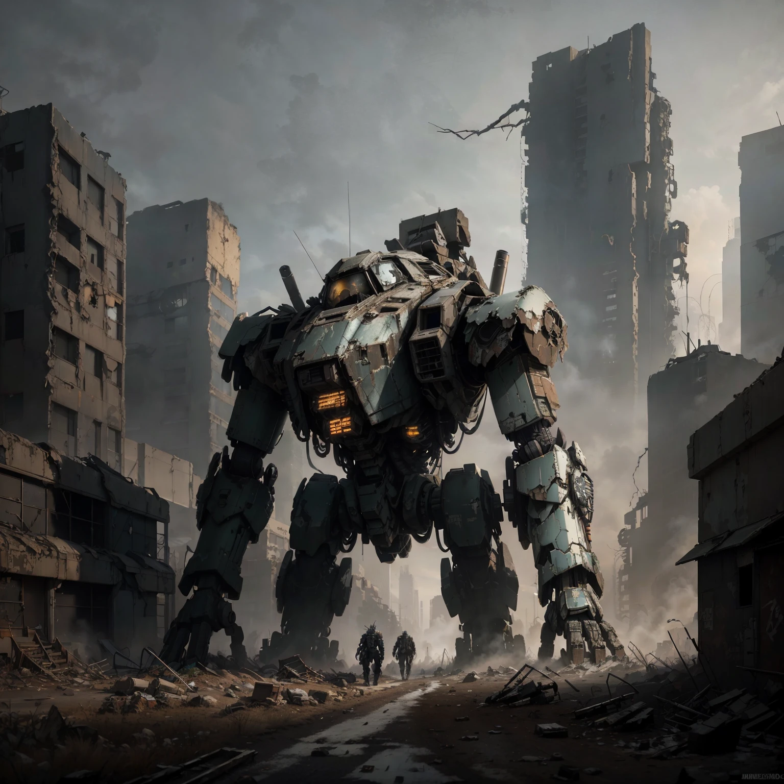 mecha ,winter, dark, dusk,cracked  broken robot, an abandoned old rusty mech, an overgrown , frame weathered and worn, detailed,futuristic city environment, post-apocalyptic