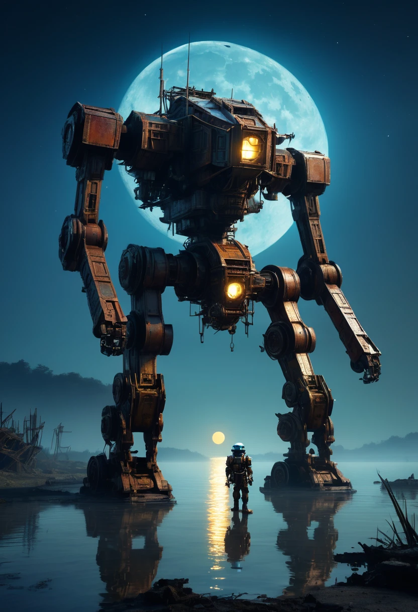 Abandoned Mech, full moon and heat haze combine, mystical atmosphere, Abandoned Mech, reflective water, ultrahigh definition, 3D depth, inspired by Leonardo da Vinci, Rembrandt, J.M.W. Turner