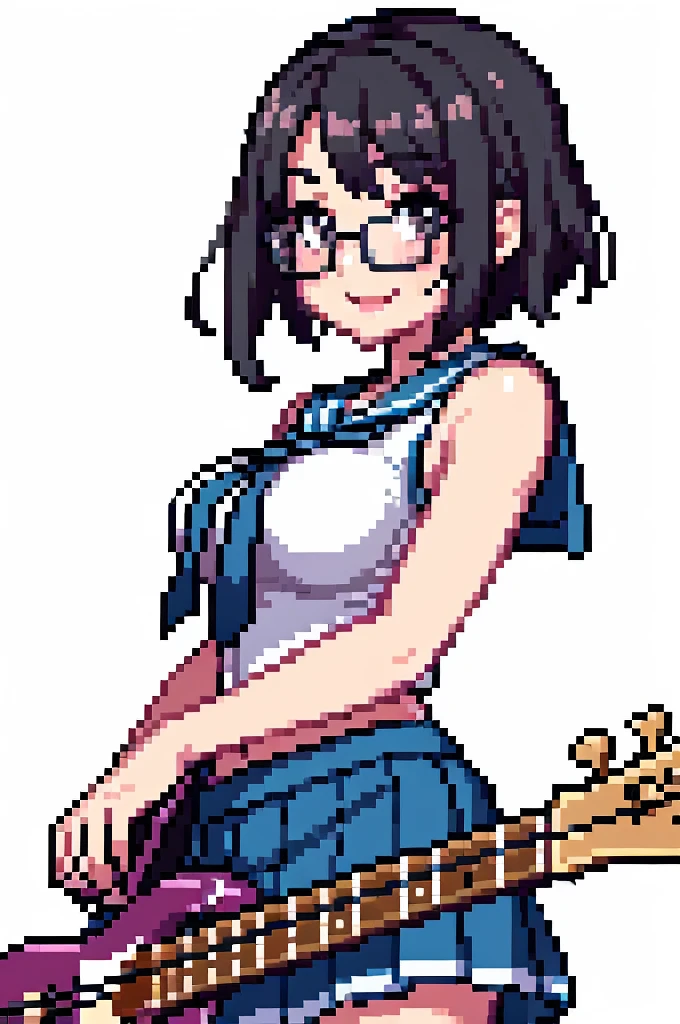 pixel world, (1girl:1.5), masterpiece, best quality, best detail, best proportion, best anatomy, best face, best shaped breasts, very big breasts, (japanese highteen):1.0, cowboy shot, ass focus shot, smile, blush face, lips, nose, pale skin, black eyes, fair-skinned breasts, narrow waist, black short hair, serafuku, glasses, classroom(background):1.4,