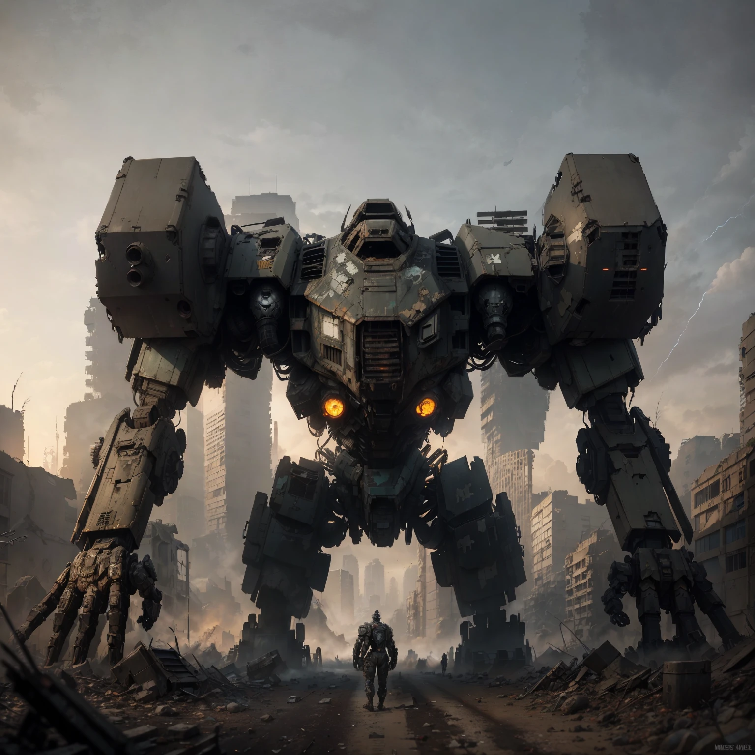 mecha ,winter, dark, dusk,cracked  broken robot, an abandoned old rusty mech, an overgrown , frame weathered and worn, detailed,futuristic city environment, post-apocalyptic