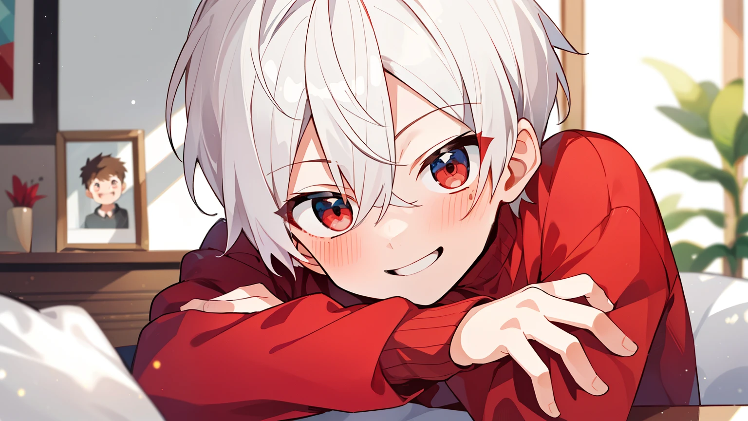 ((masterpiece)),(((best quality))), (high-quality, breathtaking),(expressive eyes, perfect face), 1boy, solo, male, short, young,  boy, short white hair, red eyes, smiling, blushing, long sleeve sweater, short shorts, indoors, cute, close up
