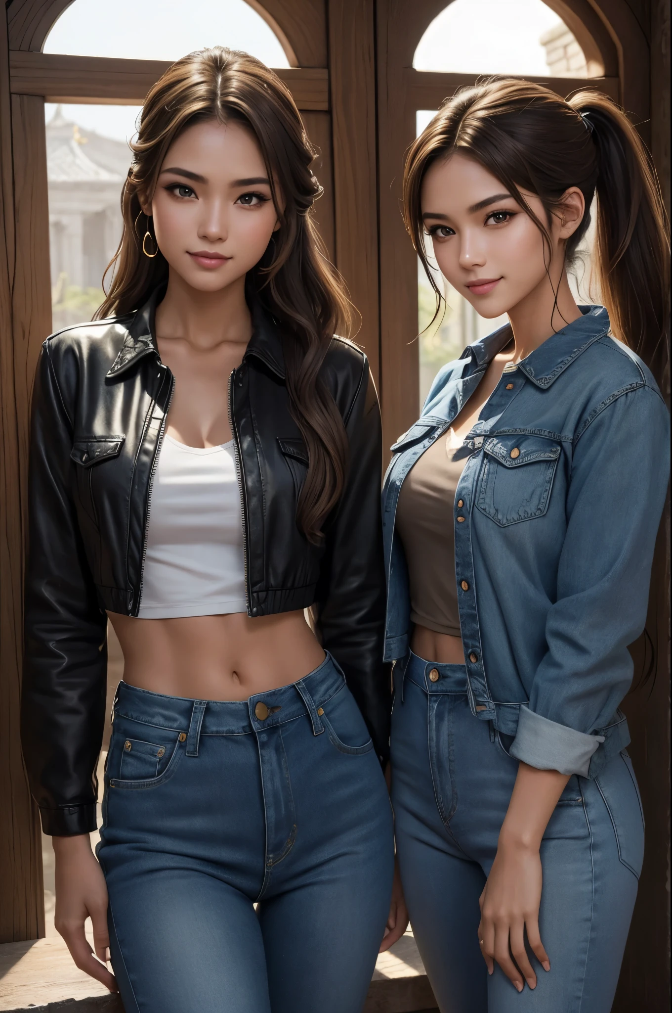 8K,Twin sisters wearing casual clothes,Super beautiful(like the real thing),My sister is short and has a glamorous figure.,sexy,sharp eyes,black eyes,cool smile,long black perm,black jeans,Makeup,super realistic skin,My sister is tall and has a muscular, slim body.,Violent and strongly cracked abdominal muscles,Big eyes,black eyes,Light brown-haired ponytail,派手なMakeup,blue jeans,A bold smile,masterpiece,Photorealistic RAW photos of the highest quality。bright colors,rich colors, Backlight, cinematic lighting, film grain, to be born, 50mm lens, Nikon D850,detailed character art,fantasy art,ultra high resolution,super realistic skin,Perfect hand shape,In front of the abandoned temple,beautiful expression,