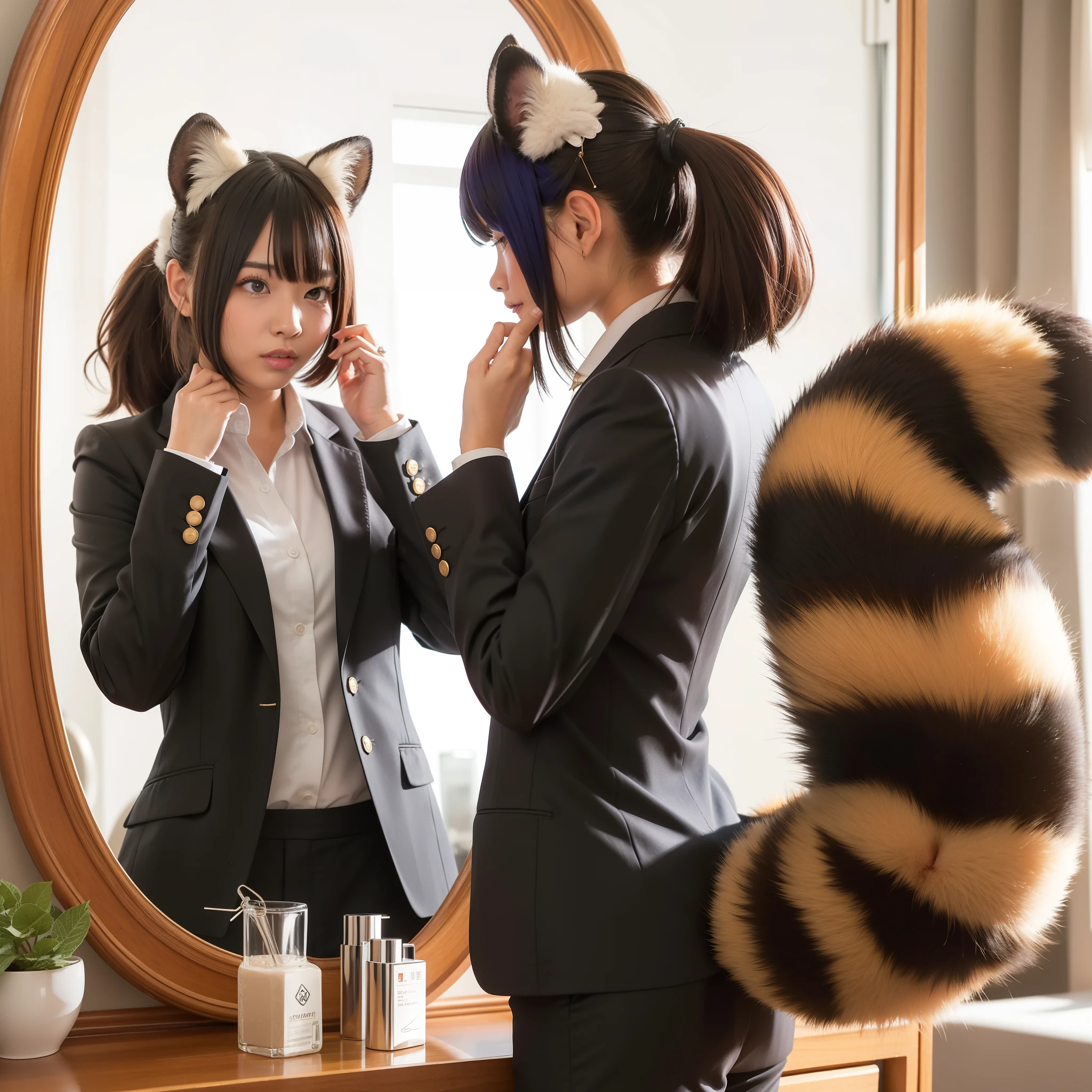 Girl in a business suit looking at herself in the mirror, pov furry art, anthropomorphic raccoon dog, (software) safe for work, commission, software version, high quality, anthro, commission on furaffinity, admire her own reflection, photograph, 最high quality, Bushy tail