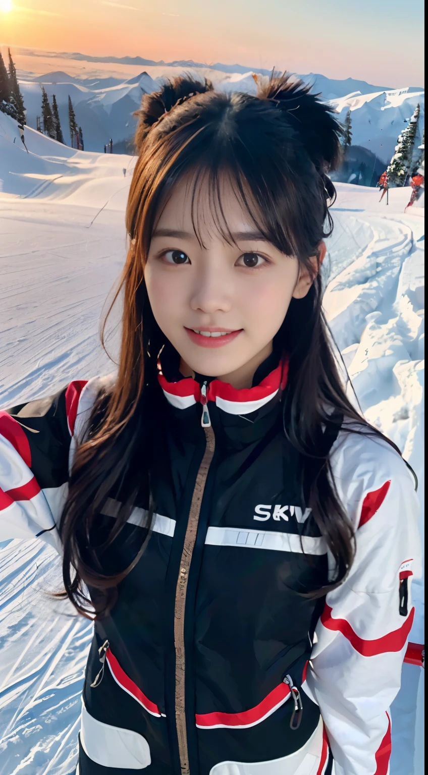 (Close up portrait of one girl with slender small breast and long hair dressed in colorful ski clothes。。:1.5)、(A girl skiing with her face raised :1.5)、(snow ski garden:1.5)、(Beautiful sunset red sky 1.5)、(perfect anatomy:1.3)、(no mask:1.3)、(Refers to the whole:1.3)、Photoreal、RAW photo、table top、highest quality、High resolution、delicate and beautiful、perfect face、fine and beautiful eyes、Fair skin、real human skin、pores、((thin legs))、(black hair)