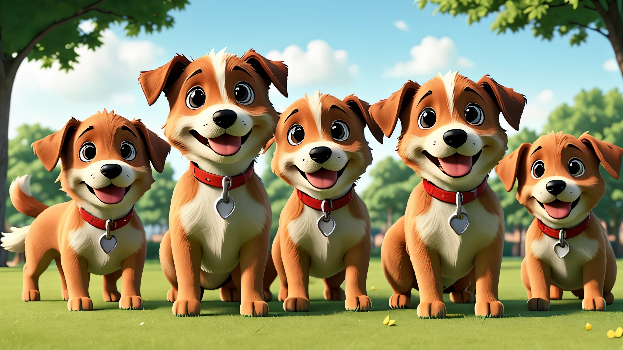 A group of playful puppies of different breeds, running and playing in a grassy park.