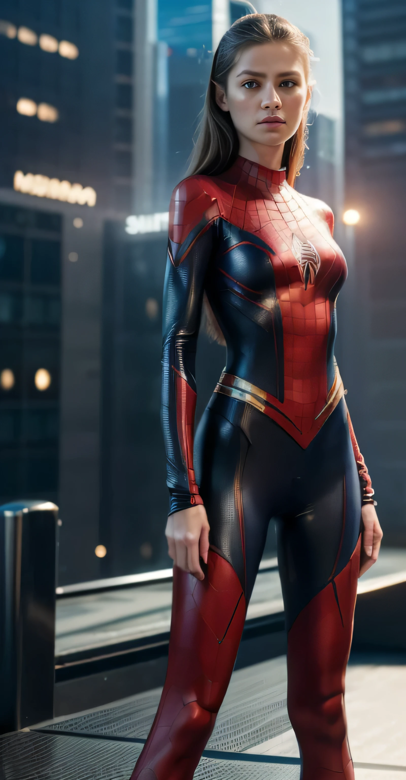 ((masterpiece, 8K, 3D, Realistic, Super Detail)), (1girl:1.3), slender 17 age, Ultra Micro photography, Super realistic, Perfect face, Beautiful features, ((Perfect female body)) Beautiful features, ( body), ((small hip)), Melissa Benoist as 2 piece Bikini Spiderman suit ((Exposed thigh)), Exposed Skin, Front Full body Shot, full body portrait, futuristic city background