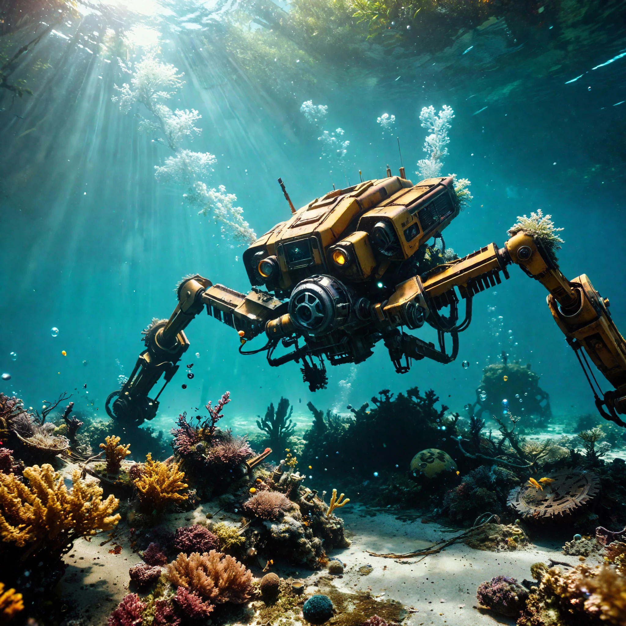 ((Masterpiece in maximum 16K resolution):1.6),((soft_color_photograpy:)1.5), ((Ultra-Detailed):1.4),((Movie-like still images and dynamic angles):1.3). | (Cinematic photo of a remains of mech arms laying down at bottom of the sea), (cinematic lens), (overgrown reef), (abandoned mech), (broken machine), (bubbles), (shimmer), (visual experience), (Realism), (Realistic), award-winning graphics, dark shot, film grain, extremely detailed, Digital Art, rtx, Unreal Engine, scene concept anti glare effect, All captured with sharp focus.