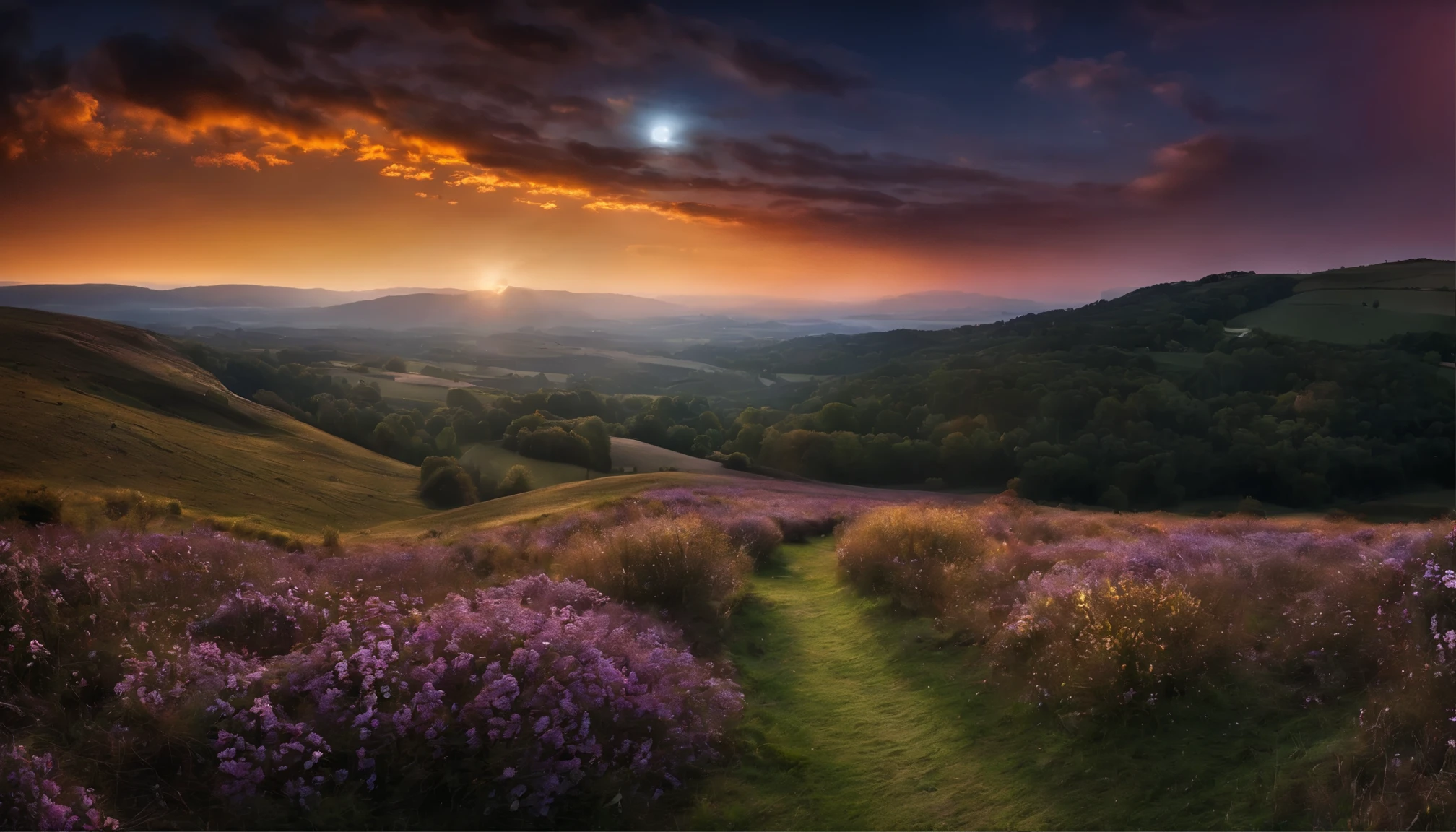 Une grande photo de paysage (vue d'en bas, le ciel est au-dessus et le champ est en dessous), une jeune fille debout sur un champ de fleurs regardant vers le haut, (pleine lune : 1,2), (meteor : 0,9), (nebula : 1,3), montagnes lointaines, arbres BREAK Crafting Art, (Warm Light : 1,2), (Luciole : 1,2), lights, beaucoup de violet et d'orange, intricate high detail, volumeric lighting (BREAK) Masterpiece : 1,2), (beste-Qualit), 4K, Ultra detailded, (composition dynamique : 1,4), Rich in detail and color, (couleur arc-en-ciel : 1,2), (lueur, atmospheric lighting), dream-like, magique, (solo : 1,2)