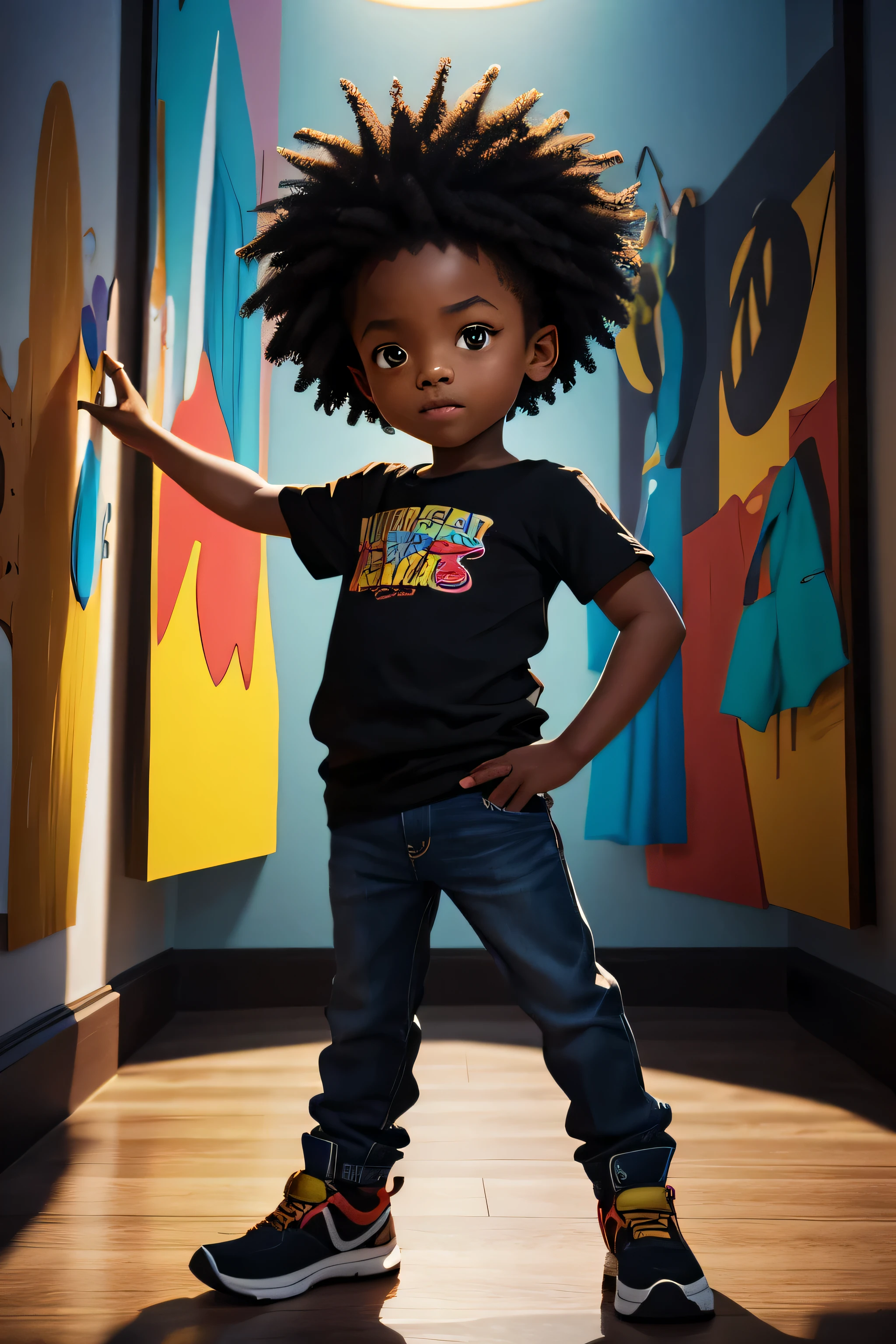 vector, african american children, depicted in a full body shot, vector, with a detailed and expressive face. The character should be rendered in 3D with high resolution and ultra-realistic details, showcasing the creativity and imagination of the children. The color palette should be vibrant and vivid, with a focus on bold and contrasting colors. The lighting should be dynamic, with dramatic highlights and shadows. It should be a masterpiece of art, exhibiting professional-level quality and attention to detail.