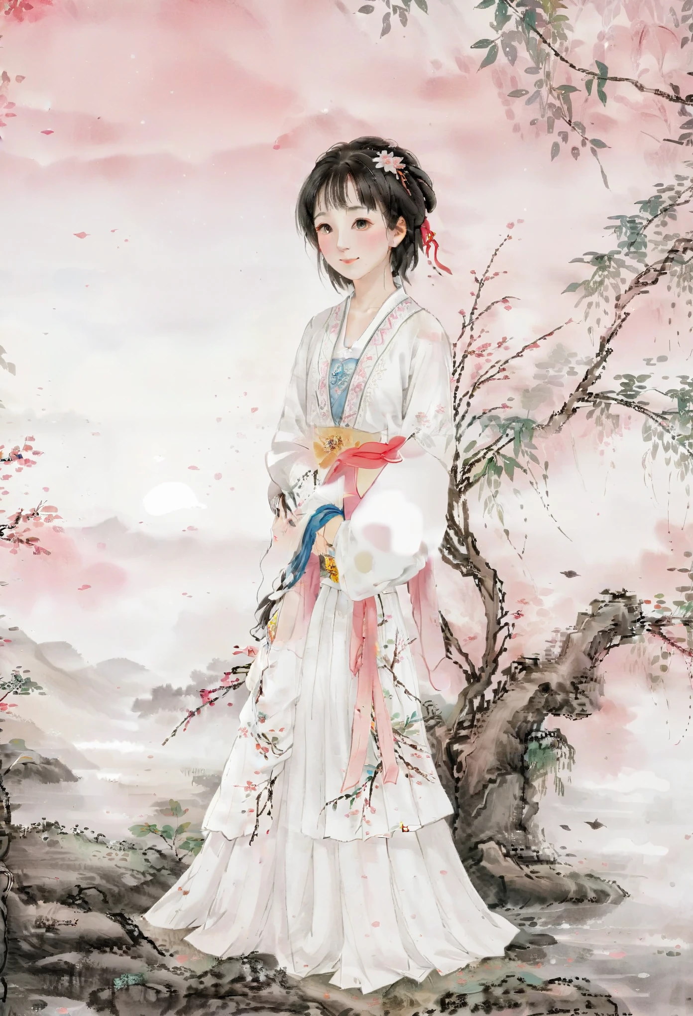 negative space,portrait of a woman standing,willow branches,(masterpiece, best quality:1.2),traditional chinese ink painting,modelshoot style,peaceful,(smile),looking at viewer,(wedding dress:0.8),(mechanical exoskeleton:1),song,willow tree in background,wuchangshuo,(Highest picture quality),(Master's work),(ultra-detailed),(Detailed eye description:1.2),masterpiece,best quality,absurdres,original,extremely delicate and beautiful,beautiful detailed eyes and face,1girl,black_hair,white_clothes,looking_at_viewer,mole,solo,(masterpiece:1.4),(best quality:1.4),hanfu,tang style outfits,pink upper shan,multicolour chest pleated skirt,