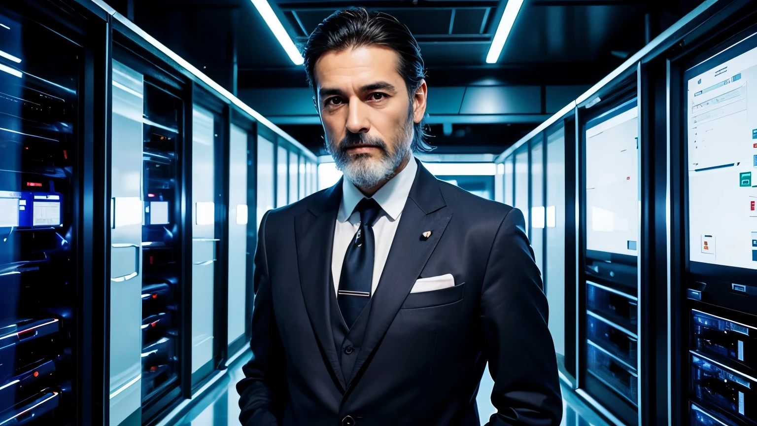 wearing an italian suit、cyber atmosphere、server room、it engineer、50 years old、cool、clear、Japanese、short、looking at the camera、double、male、thin beard、dandy