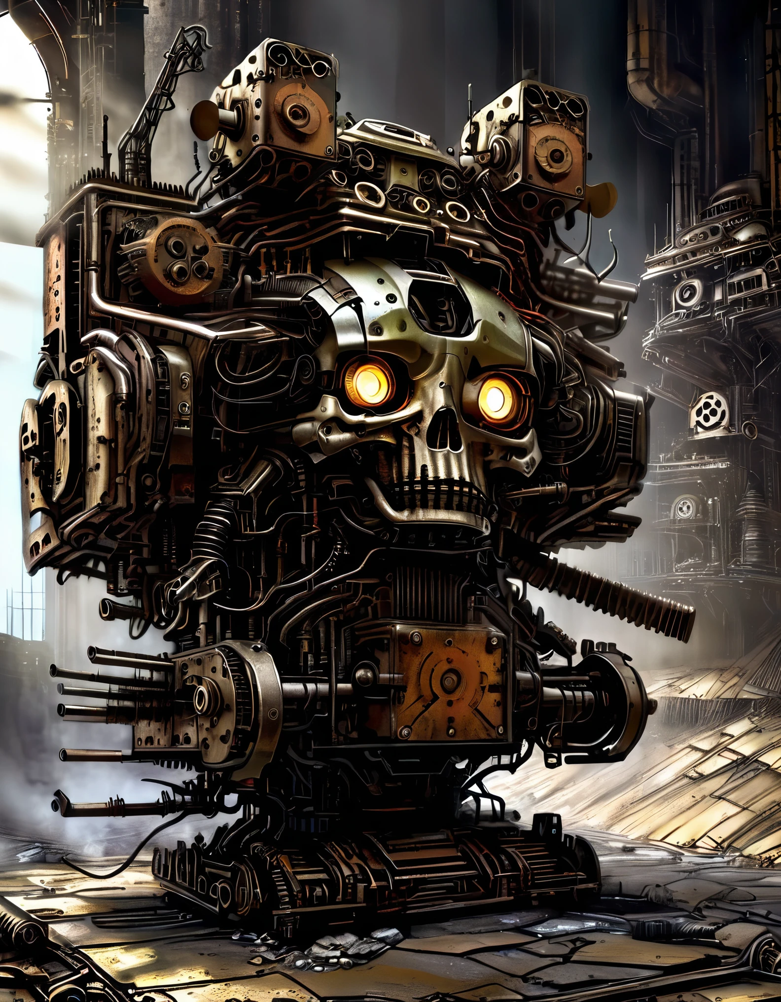 (Best Quality, High Definition), Abandoned machinery, super duper robotic heads with severed limbs, super duper robotic heads with mutilated bodies, super duper scrapped robotic heads ，（covered with dead branches：0.9），（Rusty：0.35）, （Broken body parts are scattered on the ground in the background.：），super duper broken mecha trash mountains, mechanical trash mountains, post-apocalyptic, anti-utopia, rusty metal, broken parts, moss, ghostly atmospheres, destroyed cities, mechanical wrecks, inanimate, desolation, somber lighting, dramatic perspectives, decay, futuristic, cyberpunk aesthetics, darkness, contrasts, shadows, mystique, abandoned buildings, debris, discarded machinery, ghosts, silence, loneliness, barrenness,，