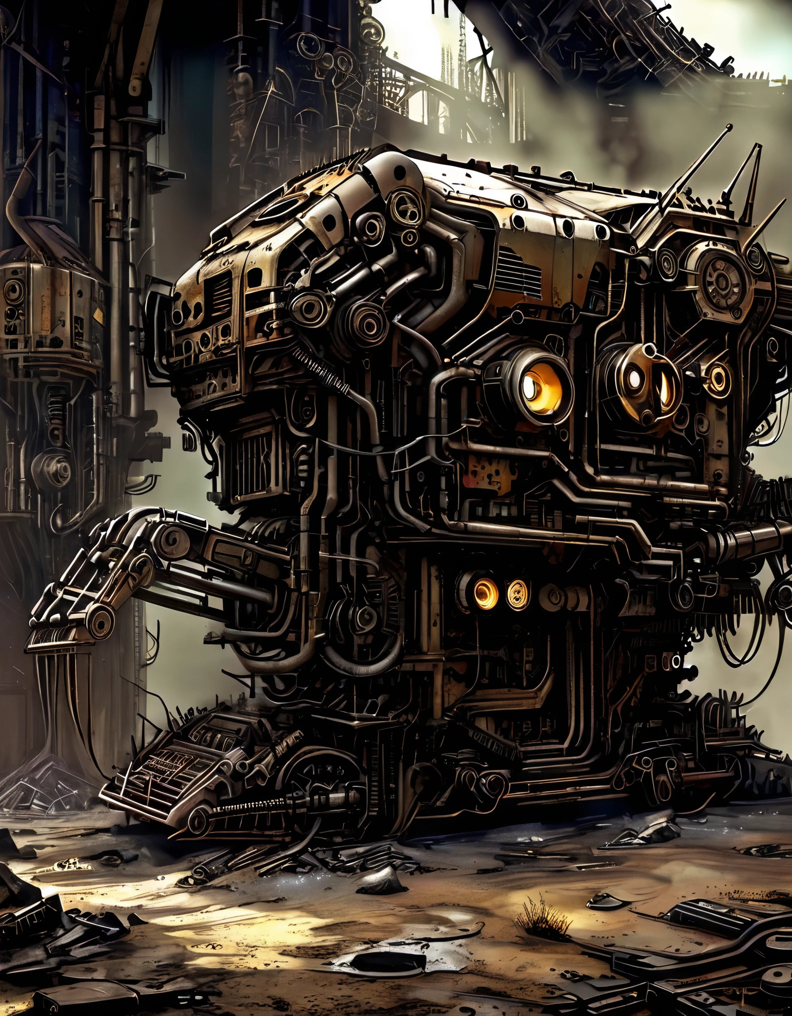 (Best Quality, High Definition), Abandoned machinery, super duper robotic heads with severed limbs, super duper robotic heads with mutilated bodies, super duper scrapped robotic heads ，（covered with dead branches：0.9），（Rusty：0.35）, （Broken body parts are scattered on the ground in the background.：），super duper broken mecha trash mountains, mechanical trash mountains, post-apocalyptic, anti-utopia, rusty metal, broken parts, moss, ghostly atmospheres, destroyed cities, mechanical wrecks, inanimate, desolation, somber lighting, dramatic perspectives, decay, futuristic, cyberpunk aesthetics, darkness, contrasts, shadows, mystique, abandoned buildings, debris, discarded machinery, ghosts, silence, loneliness, barrenness,，