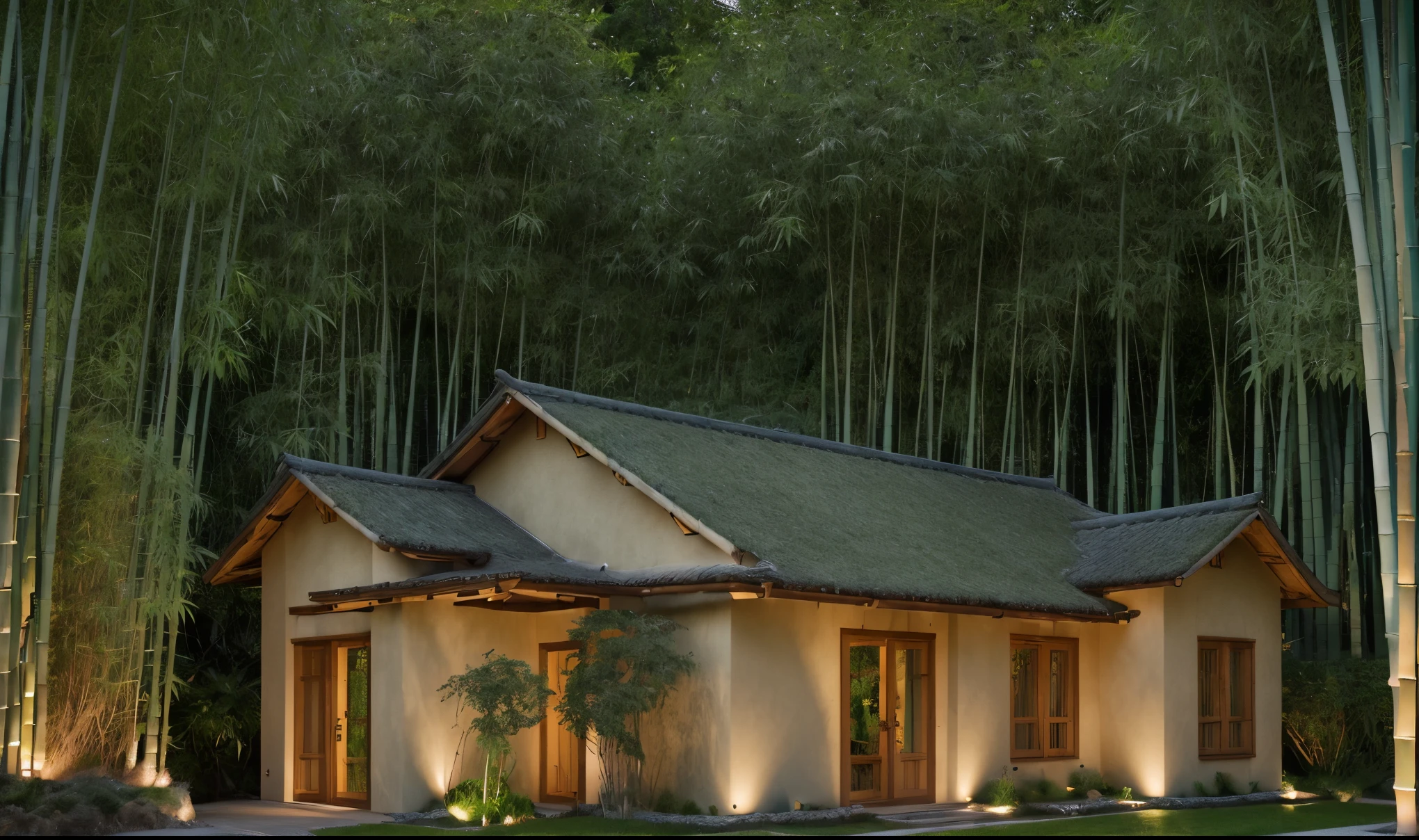 outdoor house, Well-pruned green trees, royal garden,grass yard,beige wall, sloped roof,wood and glass door, (night:1.2),(northen light), beautiful landscape, stream in front of house, in the bamboo forest, RAW photo, 8k uhd, dslr, soft lighting, high quality, film grain, Fujifilm XT3, (indoor lighting),