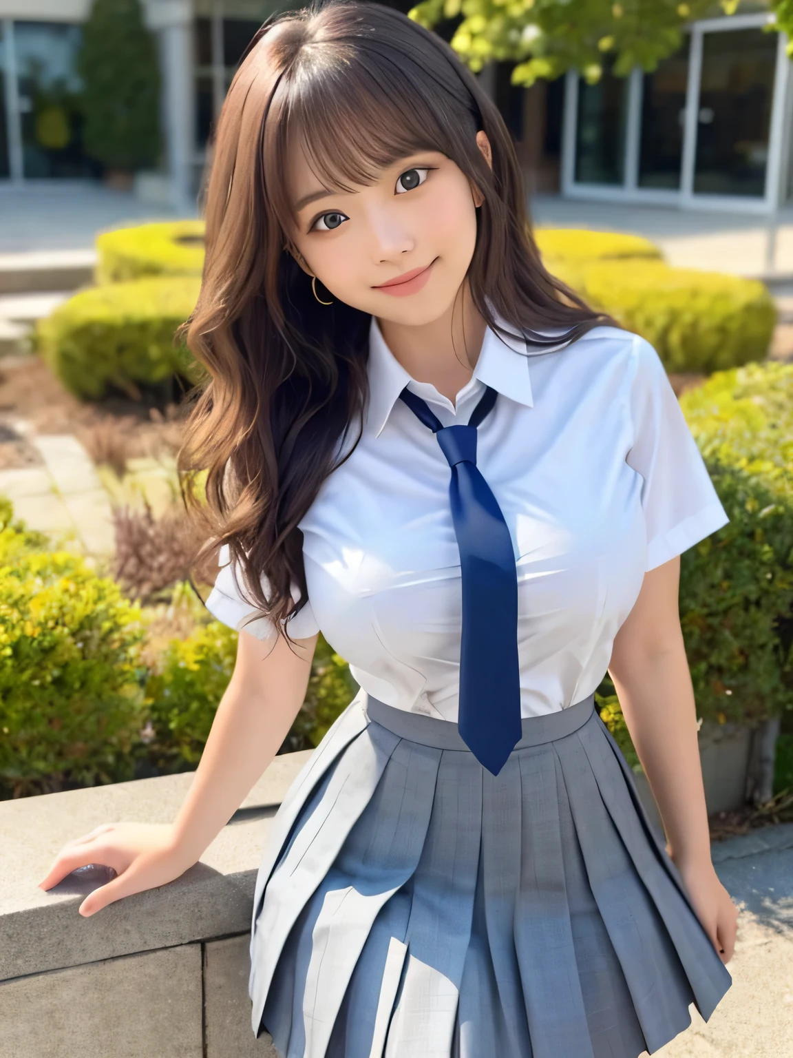 8k, highest quality, real image, intricate details, Super detailed, ultra high resolution, depth field,(realistic,realistic:1.2), from the middle, 1 Japanese girl, very beautiful 17 year old girl, Big eyes, beautiful breasts:1.5、highly detailed eyes:1.2), (beautiful breasts:1.1), (small breasts), wavy hair、curly hair、bangs, perfect skin, Fair skin, huge hips, thick thighs, thick legs, cleavage, tight waist, light blush, alone, looking at the viewer, (light smile), (School_uniform), (white shirt、wear a tie), (gray pleated skirt), (sculpture installation :1.1), break (closed mouth)