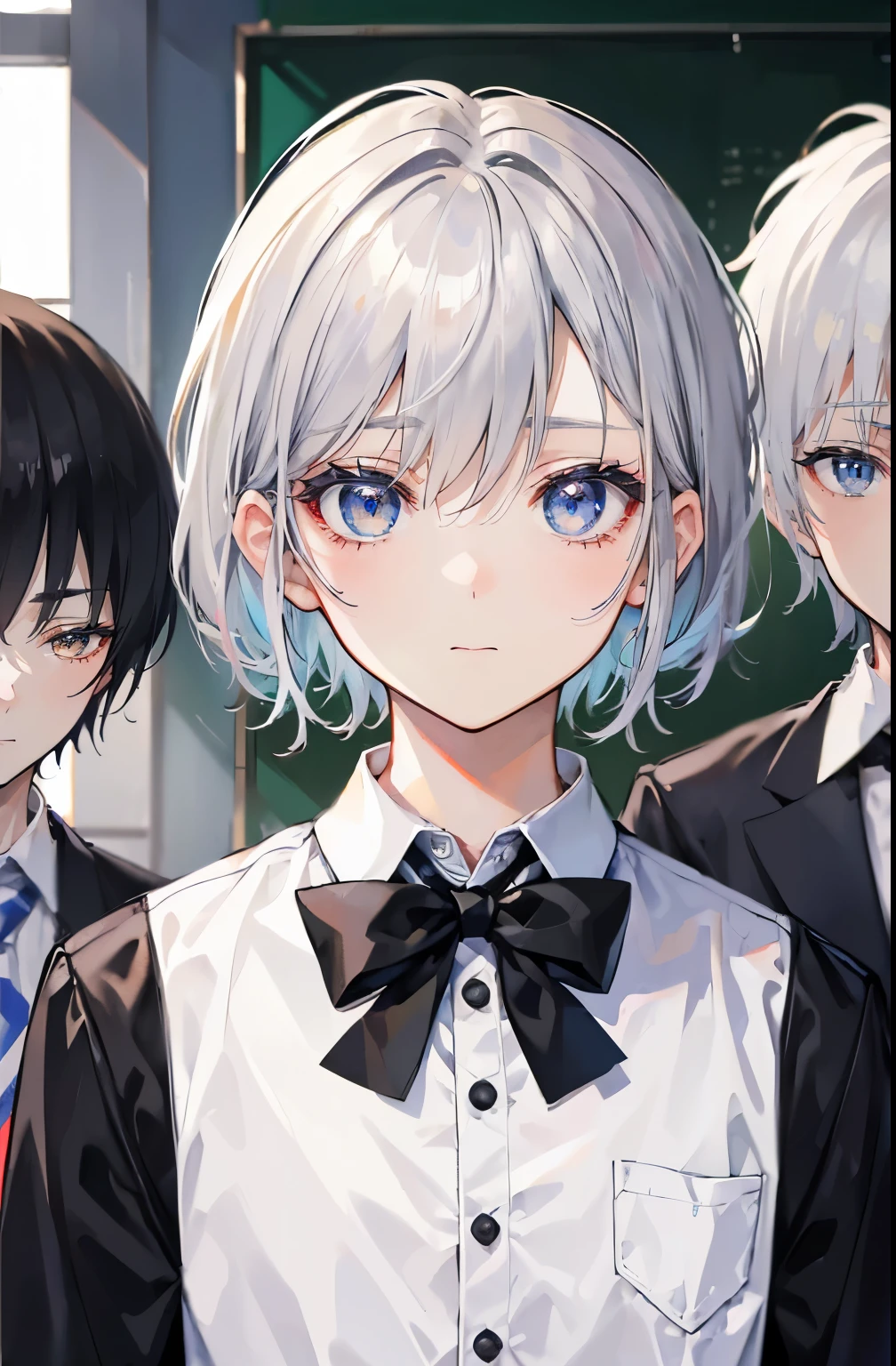 (muste piece), (best quality), very detailed, (((Two friendly high school boys:1.5))), perfect face, beautiful face, very detailed face,(short silver hair man:1.3),(Man with short black hair:1.3),School,classroom,student uniform,tie,long sleeve shirt