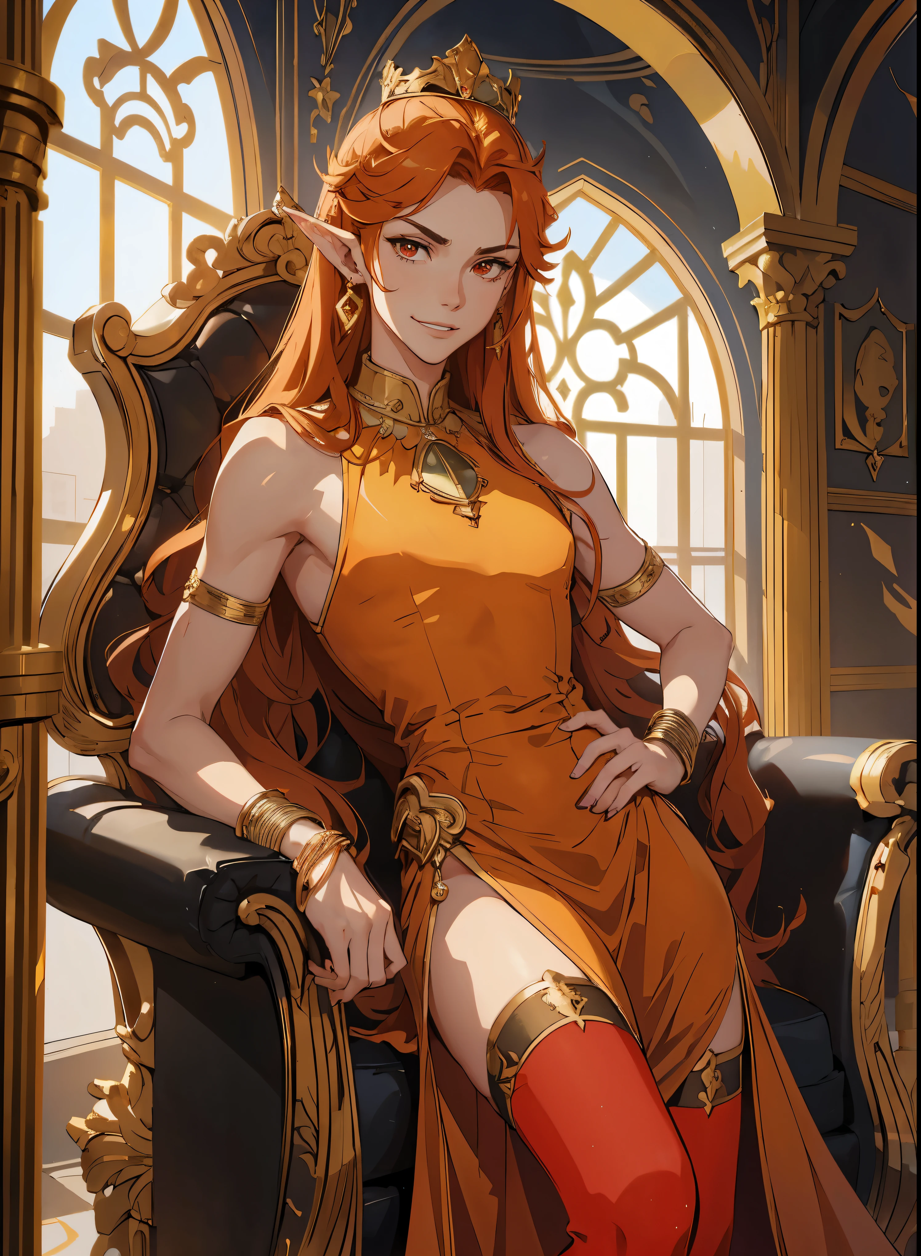 Masterpiece, best quality, (1_man), ((male body)), thin, handsome, flamboyant, tall, ((upper body)), standing, looking at the viewer, flat chest, man chest, (deviant smile), stern face, ((stoic)), deviant smirk, long elf ears, earrings, orange hair, long hair length, red eyes, hand on hip, wearing beautiful gold elfish dress, low cut dress, flat chested, sleeveless, golden bracelets, painted nails, golden crown, red high heels, (thigh highs), dark eyeliner, beautiful appearance, spacious palace, large archways, throne room, marble columns, elfish design, large windows, windows with clouds in them,