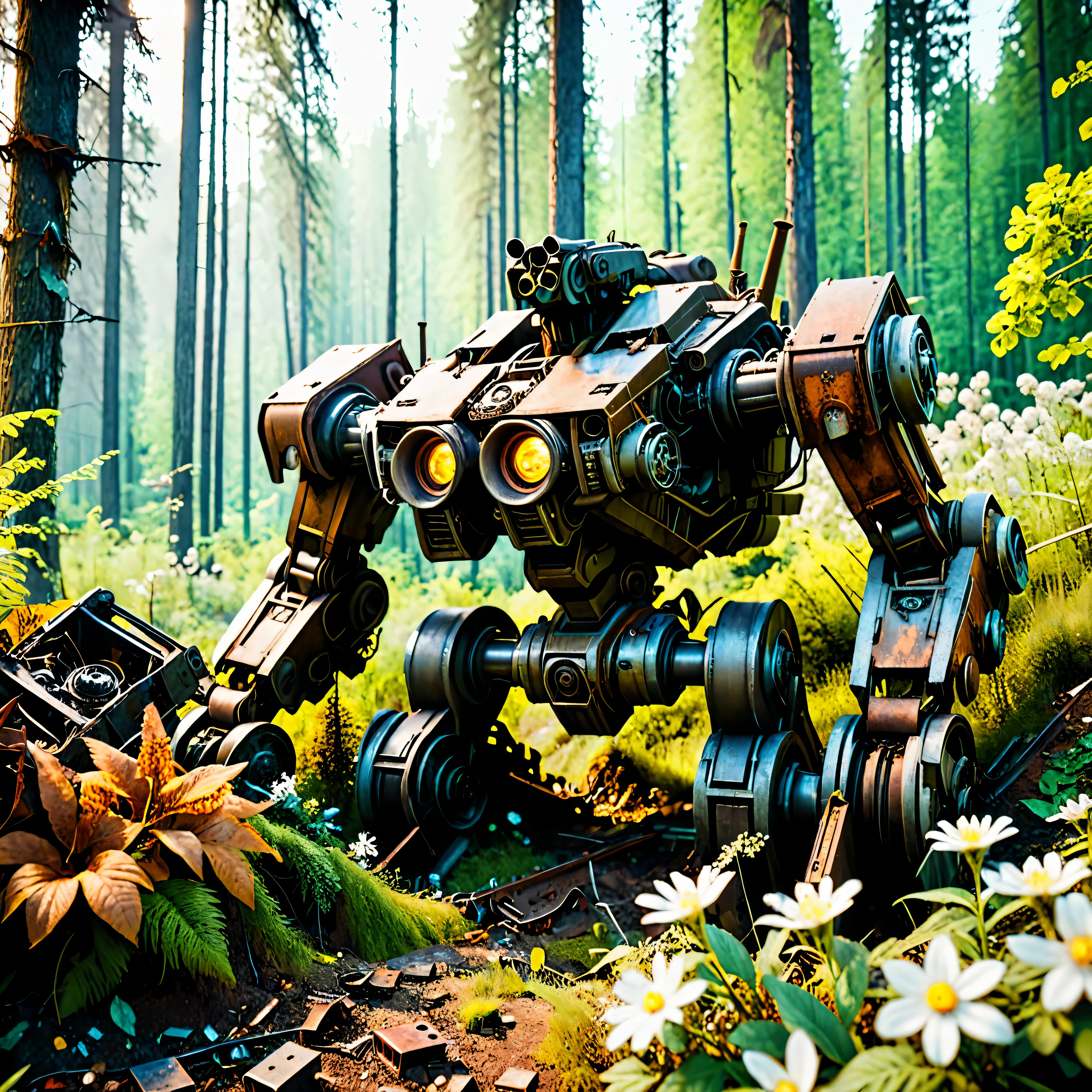 ((Masterpiece in maximum 16K resolution):1.6),((soft_color_photograpy:)1.5), ((Ultra-Detailed):1.4),((Movie-like still images and dynamic angles):1.3). | (Cinematic photo of a remains of abandoned mech laying down at a forest), (cinematic lens), (overgrown vines), (broken machines), (rusted steel), (edelweiss flowers), (shimmer), (visual experience), (Realism), (Realistic), award-winning graphics, dark shot, film grain, extremely detailed, Digital Art, rtx, Unreal Engine, scene concept anti glare effect, All captured with sharp focus.