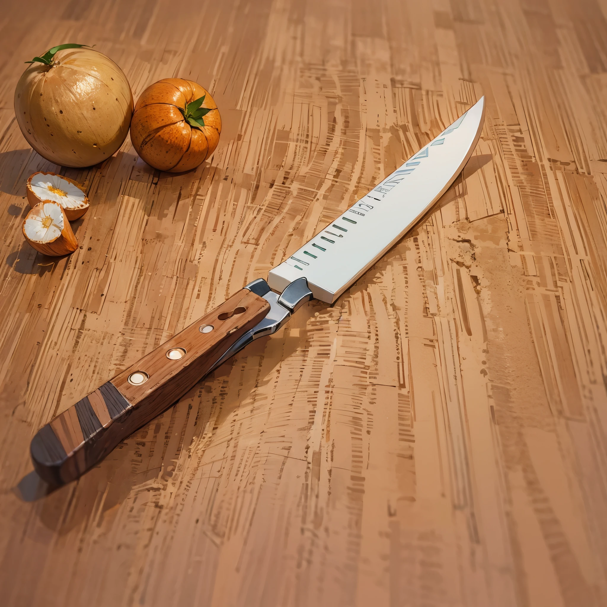 A fruit knife on a wooden table。close up，Product design，Tool design，product design，design diagram，Simple and clear picture，high-definition，4k。