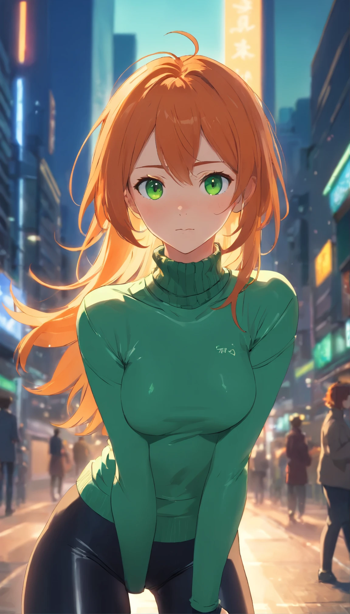 masterpiece, best quality, ultra-detailed, beautiful lighting, 1girl, milf, orange hair, green eyes, freckles, turtleneck, looking at viewer, black latex leggins