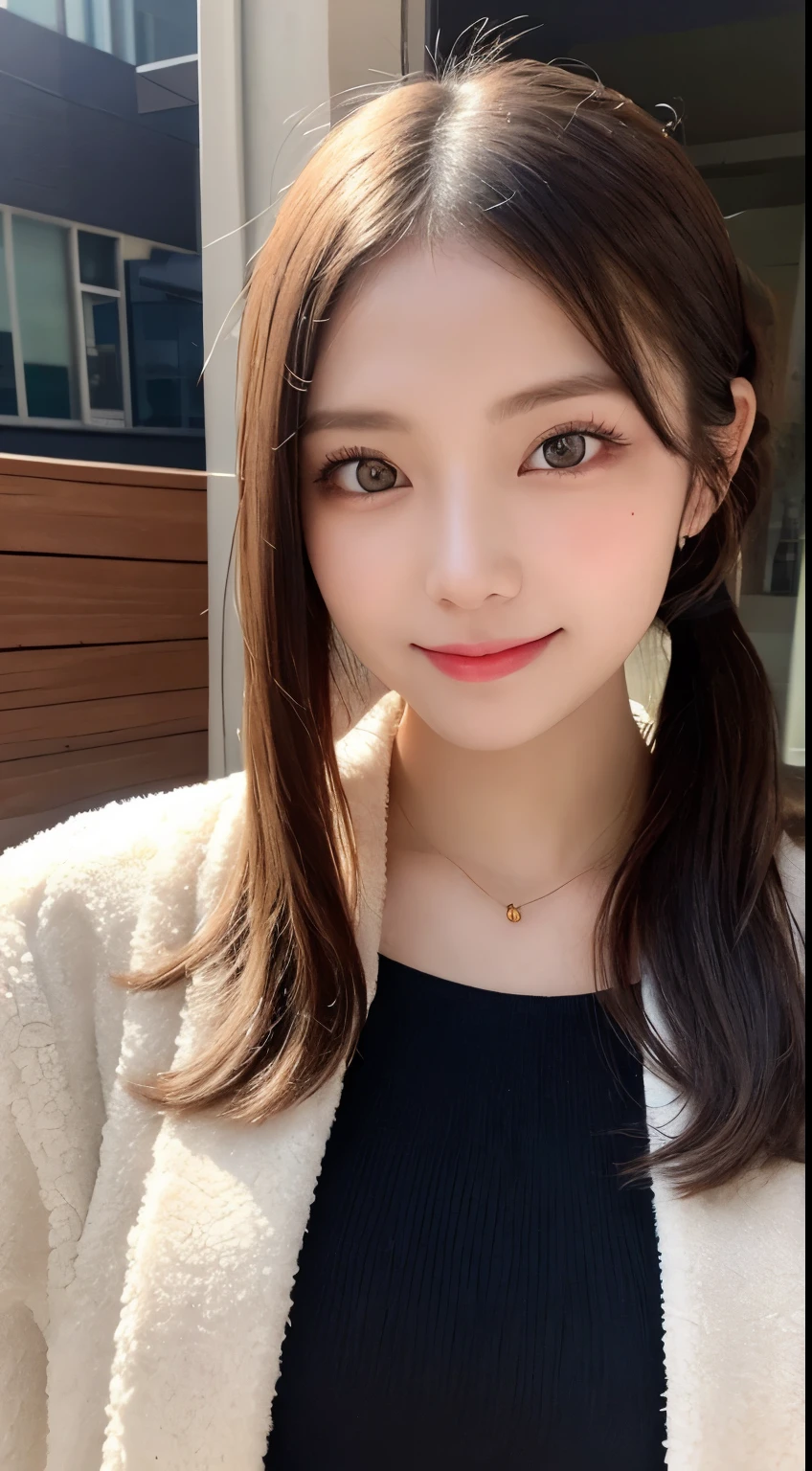 table top, highest quality, shape, Super detailed, finely, High resolution, 8k wallpaper, perfect dynamic composition shape, beautiful and detailed eyes, straight hair, small breasts, natural color lip, random sexy pose,smile,20 year old girl、midnight、Beautifully detailed face、perfect and beautiful face,Big eyes、RAW photo、Expressing feminine poses with your whole body、beautiful and detailed eyes、small face、beautiful duplex、slim face and style,luxury brand mink coat(internal：winter dress)、beautiful golden ratio face,twin ponytail hair,bright look,Photographed focusing on beautiful legs、real photos、 (get closer to the face, enlarge the face, face focus:1.0), break, (masterpiece, highest quality, Super detailed, detailed face, 8k)、real photos、perfect and beautiful face、blur the background、smile