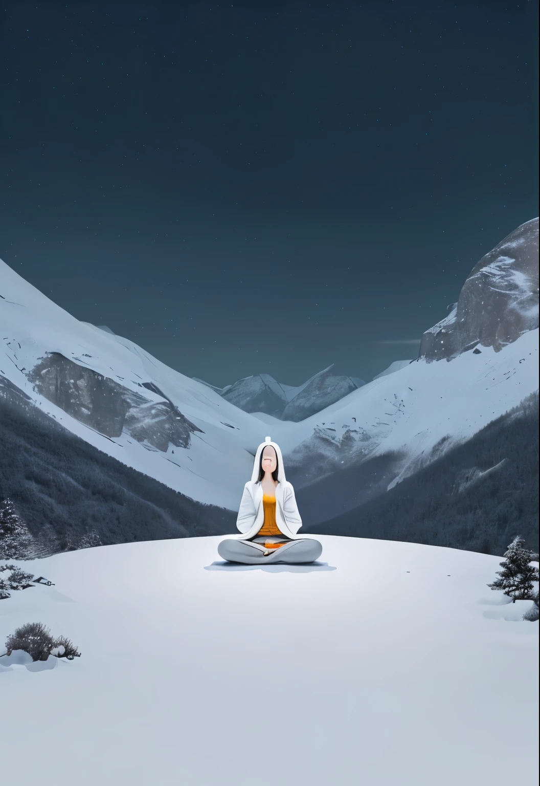 A person sitting on the ground facing the meditating,The background is a snowy night in the mountains,dark gray starry sky