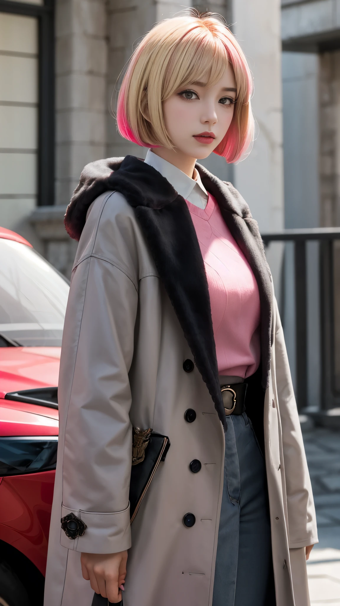 Realistic Red Sotheby Girl Photo,short bob cut,Her hair color is bright pink and has a gradation with blonde.,cool look,background is gray,Coat of arms of the Principality of Zeon,The 16-year-old daughter of Hamankarn and Char Aznable.,