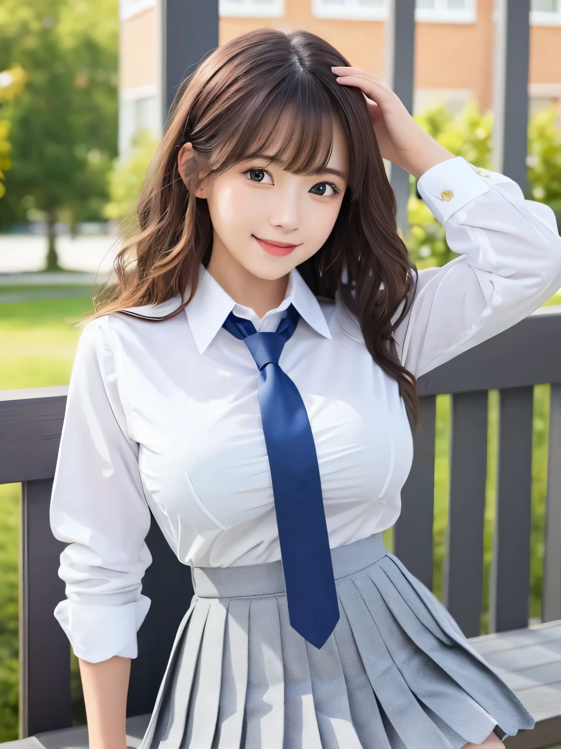 8k, highest quality, real image, intricate details, Super detailed, ultra high resolution, depth field,(realistic,realistic:1.2), from the middle, 1 Japanese girl, very beautiful  girl, Big eyes, beautiful breasts:1.5、highly detailed eyes:1.2), (beautiful breasts:1.1), (small breasts), wavy hair、curly hair、bangs, perfect skin, Fair skin, huge hips, thick thighs, thick legs, cleavage, tight waist, light blush, alone, looking at the viewer, (light smile), (School_uniform), (white shirt、wear a tie), (gray pleated skirt), (sculpture installation :1.1), break (closed mouth)