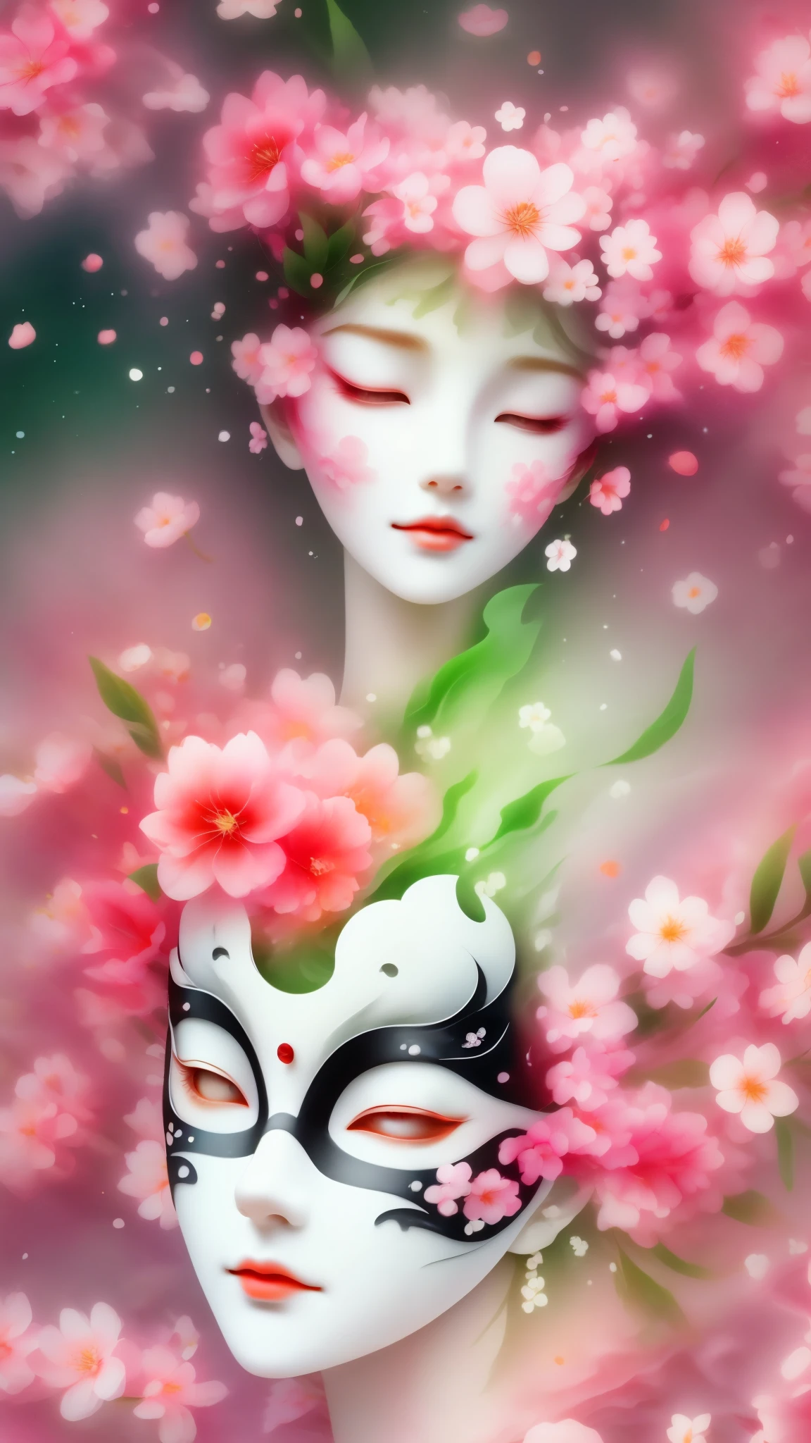 mask in cherry blossoms，White mask surrounded by cherry blossoms，3D mask，Cut-out mask，black，red，green，light and shadow，Actual situation，perfect composition，