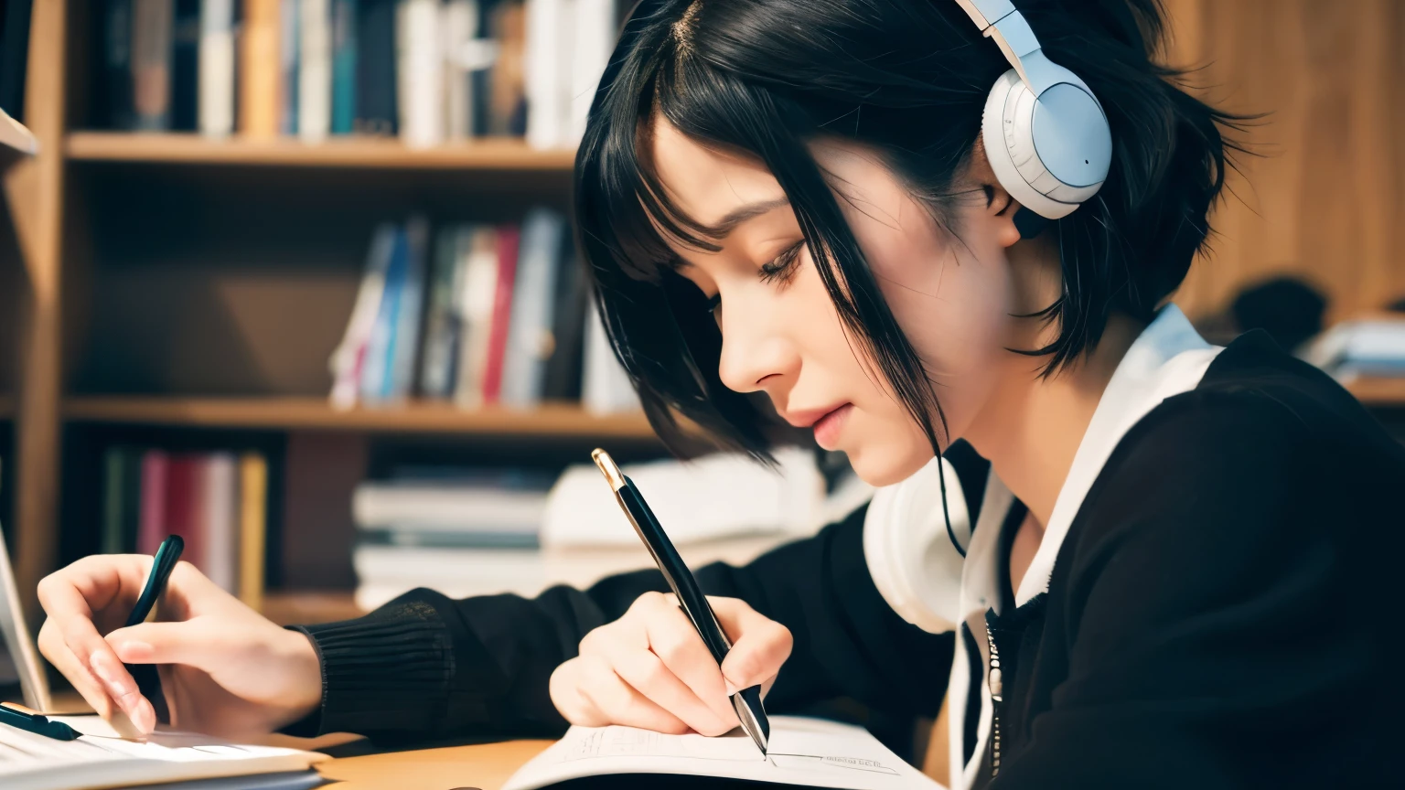 high quality, Awards, High resolution, 8k，cartoon，black hair，Beauty，Study at your desk，headphone