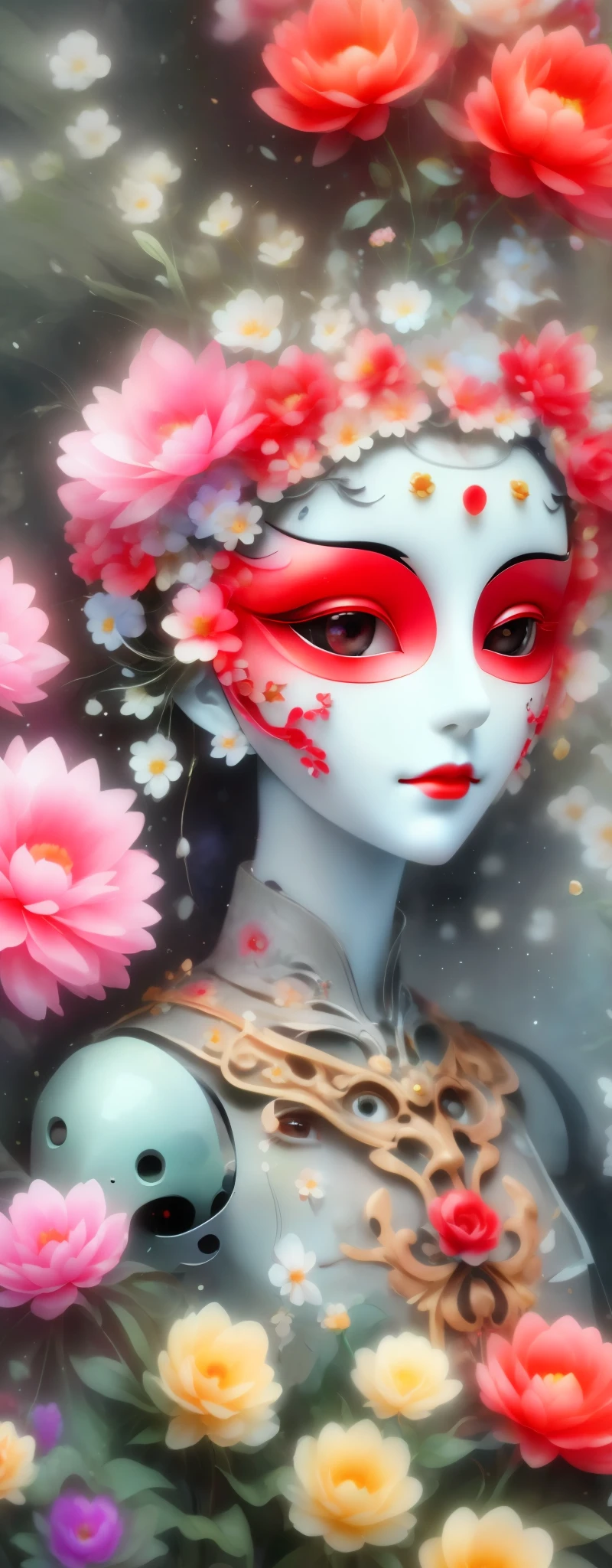 marionette，Mechanical doll，mask among flowers，White mask surrounded by flowers，3D mask，Cut-out mask，black，red，green，light and shadow，Actual situation，perfect composition，