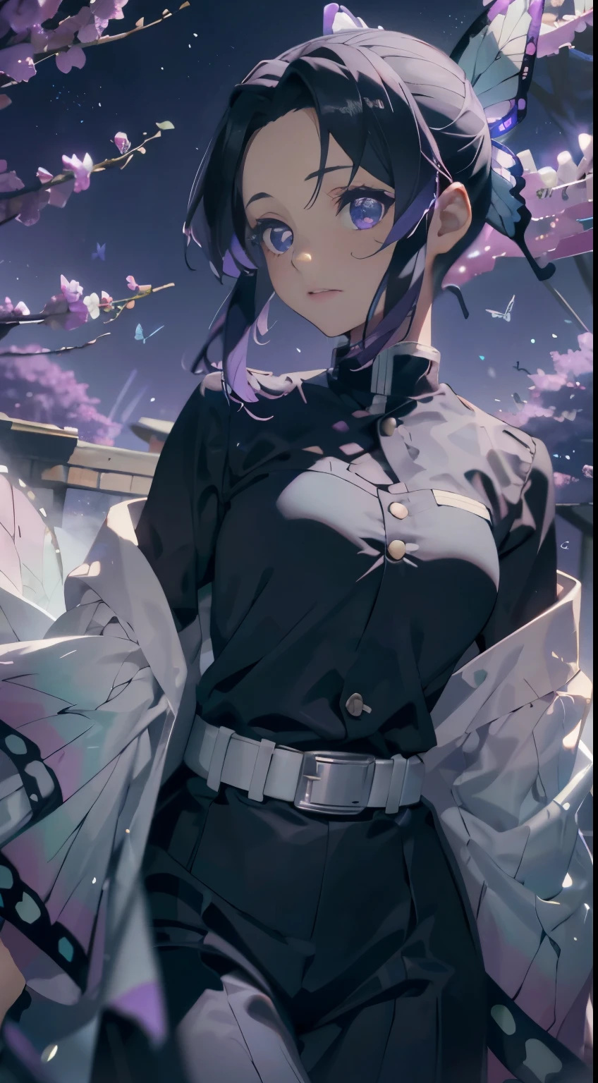 Ultra-realistic 8K CG,tmasterpiece,((Ultra detailed backgrounds,delicate patterns,Complicated details)),Best quality at best,very vey very detailed face,very detailed eyes and faces,Very detailed eyes,Kochou Shinobu,O cabelo multicolorido,No bangs,hair intakes,Purple eye,Forehead,Black shirt,Black pantsuit,haori,butterflys,obi strip,(trpical garden:1.2),purple flower,mostly cloudy sky,rays of sunshine,Tyndall effect,Gradient_sky,the face,beautiful sky,Saber on the waist,captivating posture,(Large breasts:1.3),(cleavage:1.3),(Off-the-shoulder attire:1.5)