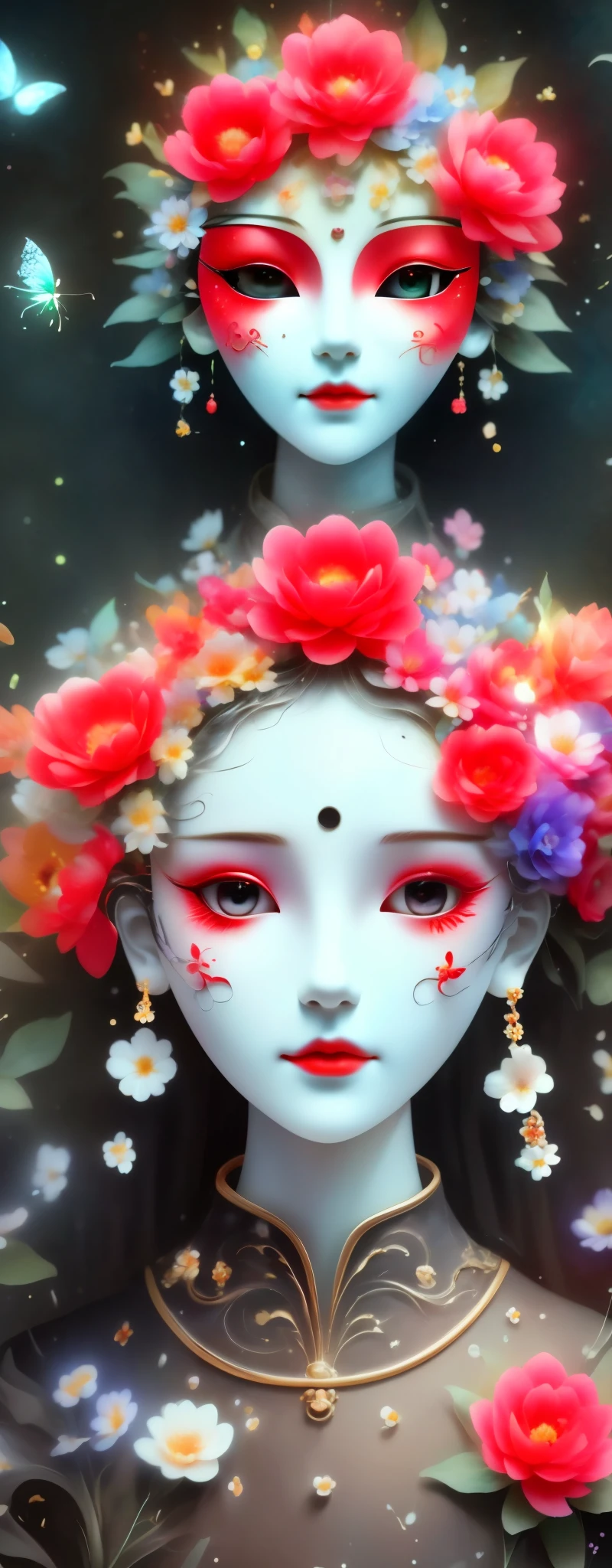 1 puppet，Mechanical doll，empty eyes，mask among flowers，White mask surrounded by flowers，3D mask，Cut-out mask，Glowing insects，black，red，green，light and shadow，Actual situation，perfect composition，