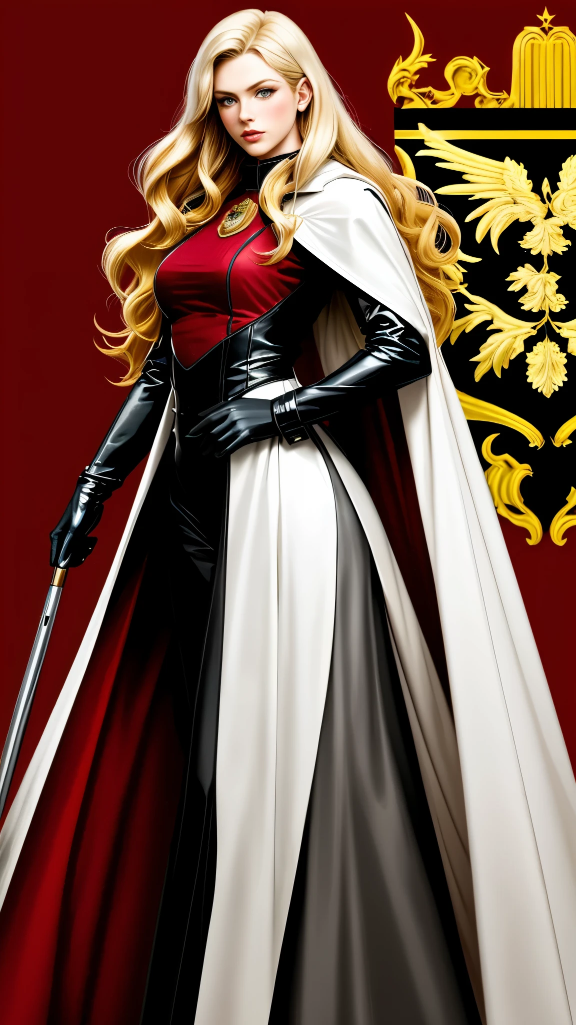 Realistic Red Sotheby Girl Photo，35 year old beautiful woman，long side waves，delicate blonde hair，cool look，background is gray，Coat of arms of the Principality of Zeon，