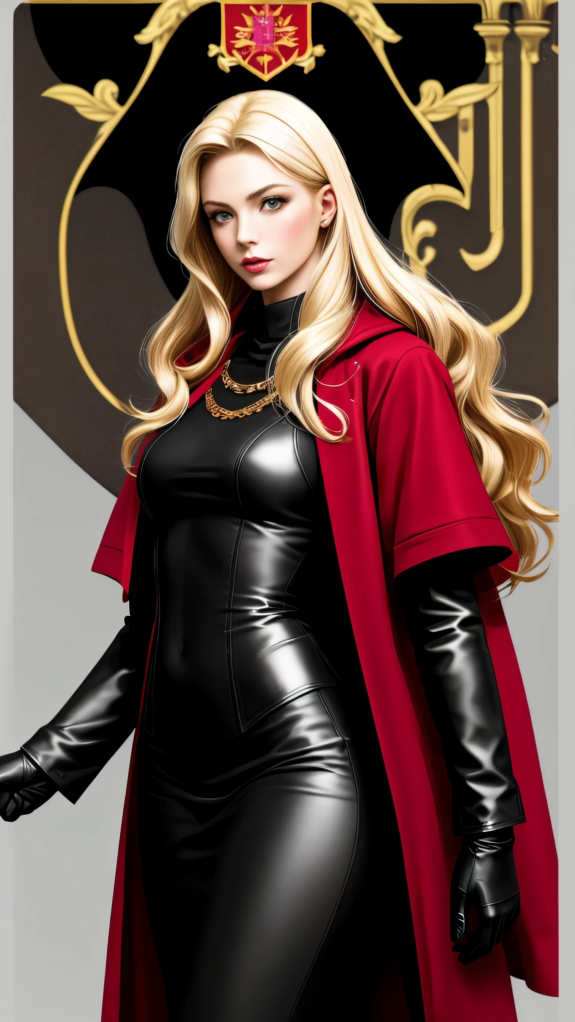 Realistic Red Sotheby Girl Photo,35 year old beautiful woman,long side waves,delicate blonde hair,cool look,background is gray,Coat of arms of the Principality of Zeon,