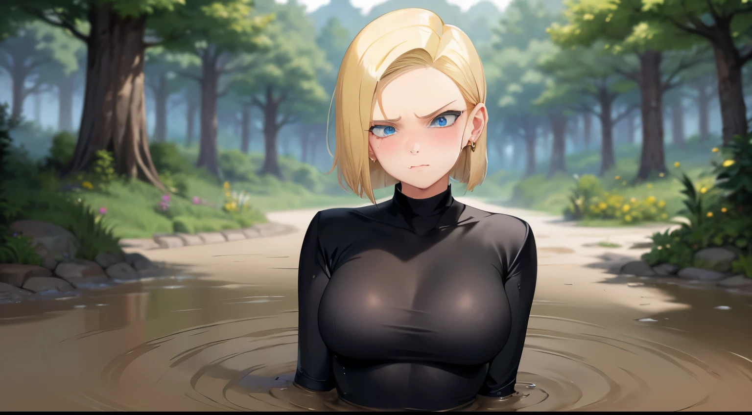 highest quality, High resolution, AND18, 1 girl, android 18, alone, blonde hair, blue eyes, short hair,earrings,big breasts, frown,blush, Sweat,1 girl, Black tight suit, streak,looking at the viewer,dense forest,the sky is cloudy,The water surface is black and murky,