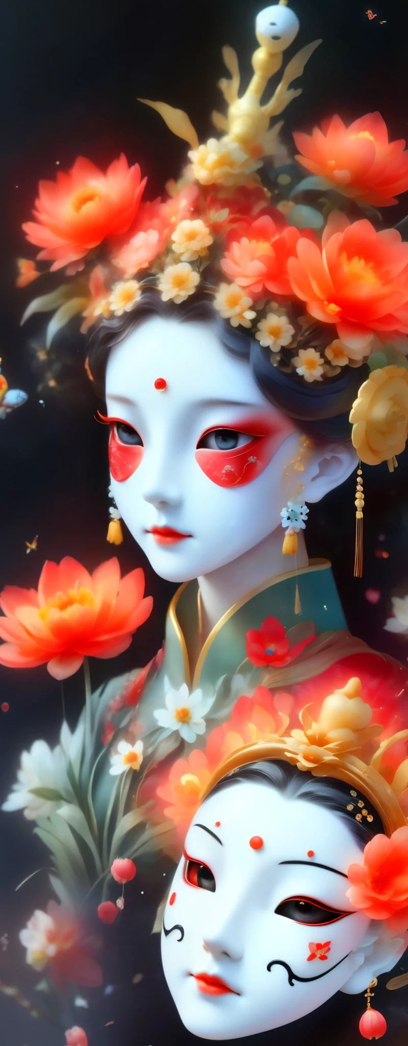 1 puppet，Mechanical doll，chinese princess，palace，Hanfu，empty eyes，mask among flowers，White mask surrounded by flowers，3D mask，Cut-out mask，Glowing insects，black，red，green，light and shadow，Actual situation，perfect composition，