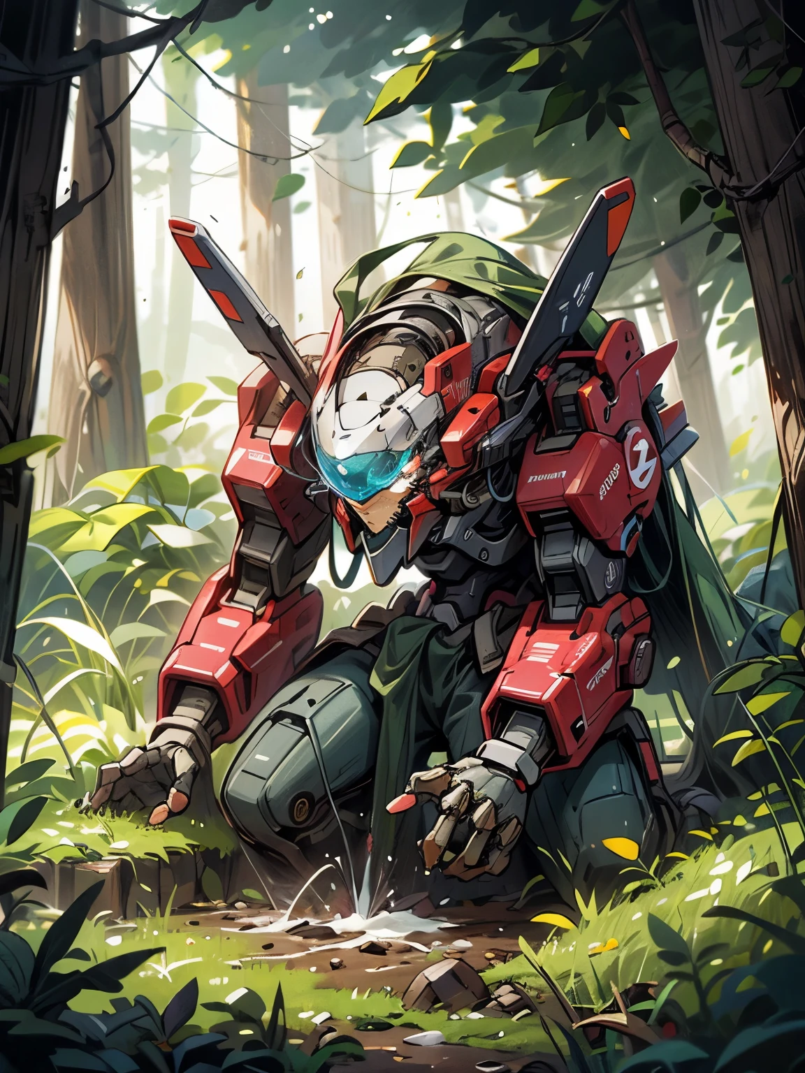 The super broken half of the mecha was buried in the ground and covered with weeds.