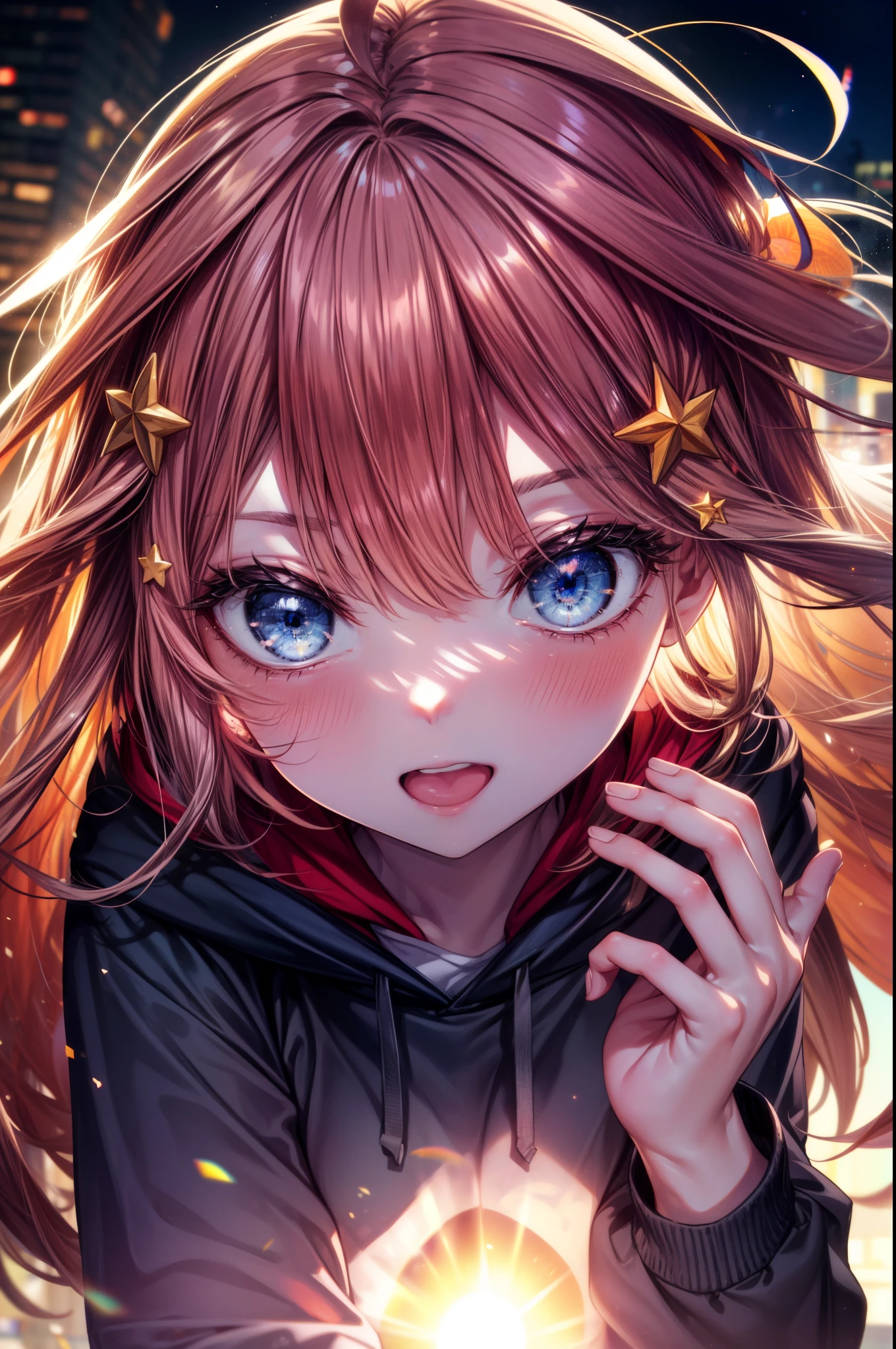 itsukinakano, Itsuki Nakano, bangs, blue eyes, hair between eyes, Ahoge, redhead, star \(symbol\), hair ornaments, star hair ornaments,red oversized hoodie,short denim,black pantyhose,high cut sneakers,smile,blush,(great laugh:1.1), (open your mouth:1.1), (wide open eyes:1.2), glare of the sun, Bokeh, Depth of the bounds written, blurred background, particles of light, strong wind, (heart particles:1.1),whole body,
break outdoors, In town,Destroy the building area (masterpiece:1.2), highest quality, High resolution, unity 8k wallpaper, (figure:0.8), (detailed and beautiful eyes:1.6), highly detailed face, perfect lighting, Very detailed CG, (perfect hands, perfect anatomy),