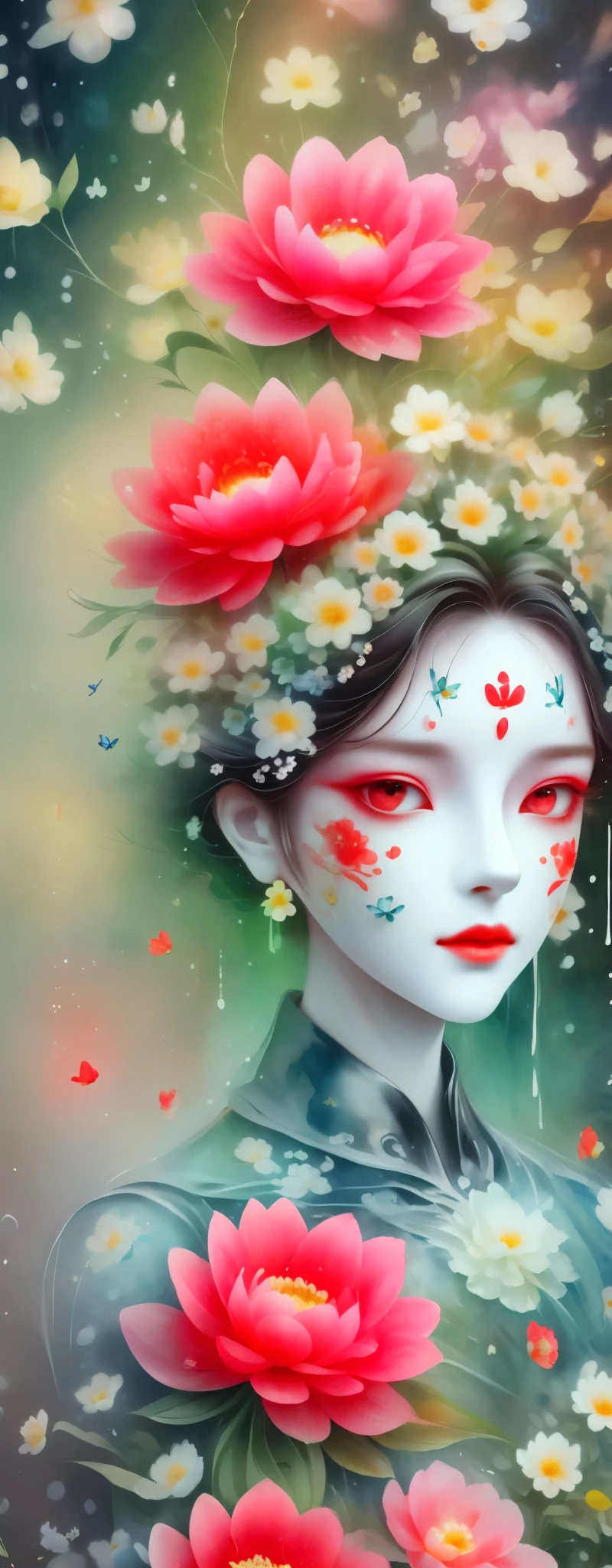 watercolor painting：1.37，wet，flowing water marks。1 puppet，Mechanical doll，empty eyes，mask among flowers，White mask surrounded by flowers，3D mask，Cut-out mask，Glowing insects，black，red，green，light and shadow，Actual situation，perfect composition，