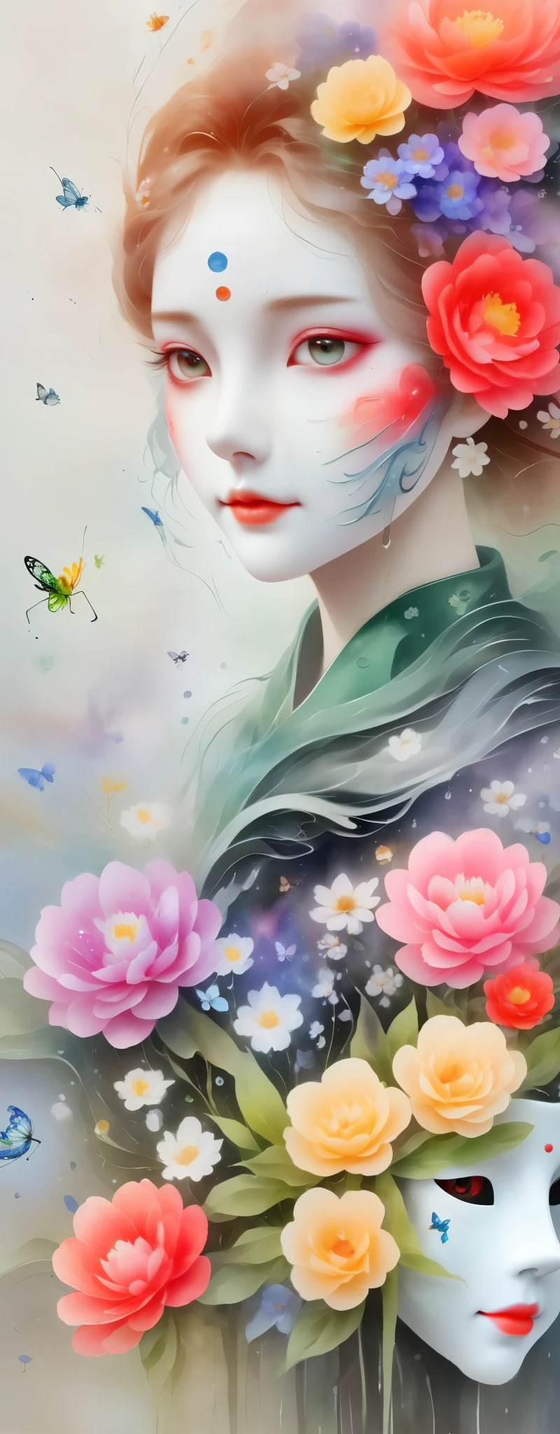 watercolor painting：1.37，wet，flowing water marks。1 puppet，Mechanical doll，empty eyes，mask among flowers，White mask surrounded by flowers，3D mask，Cut-out mask，Glowing insects，black，red，green，light and shadow，Actual situation，perfect composition，