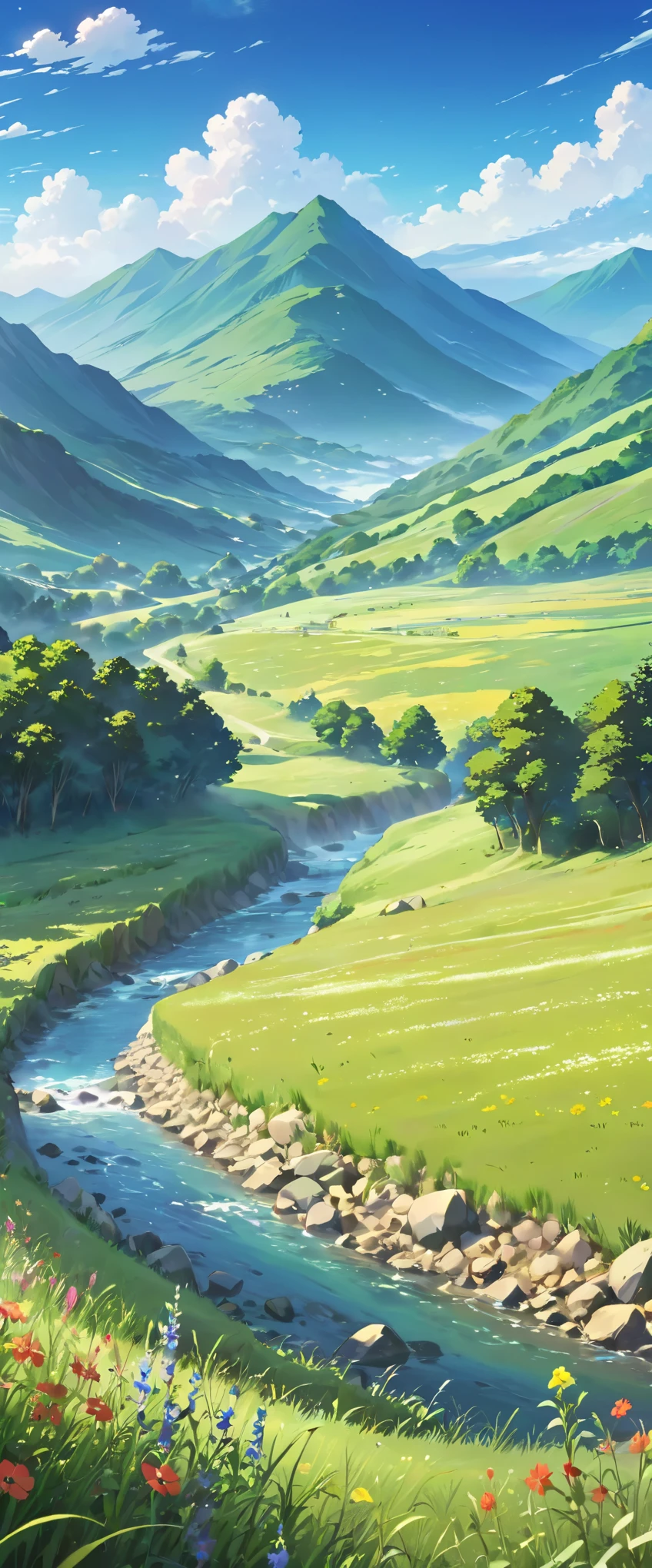 anime scenery of a mountain valley with a meadow and wildflowers, a picture by Makoto Shinkai, pixiv, fantastic realism, beautiful anime scenery, anime nature, anime nature wallpap, anime landscape wallpaper, anime countryside landscape, anime scenery, anime background art, detailed scenery —width 672, anime landscape, anime beautiful peace scene, anime background