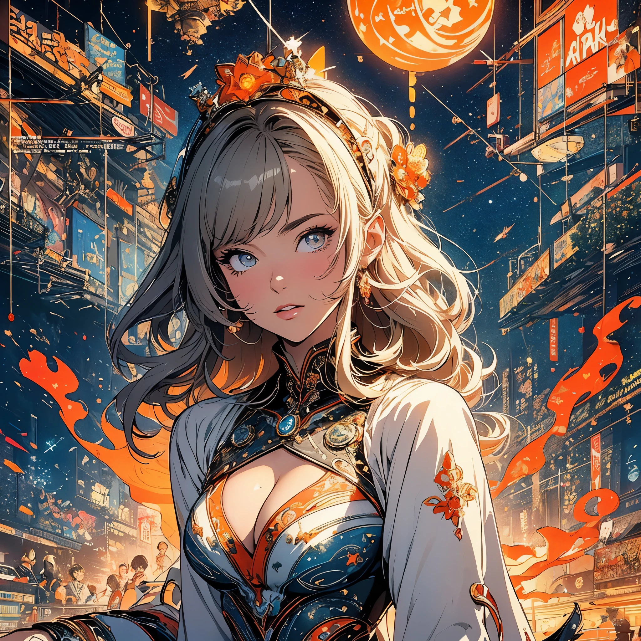 (masterpiece, highest quality), 32K,(highly detailed beautiful woman), poster,SF,1960s,1970s,bauhaus, shape, abstract,movie poster, vintage,retro,futuristic anime,ultimate map,highlight,highly detailed glowing eyes,cleavage,complicated pattern,Stylish hairstyle,gray and orange clothes,Starry Sky