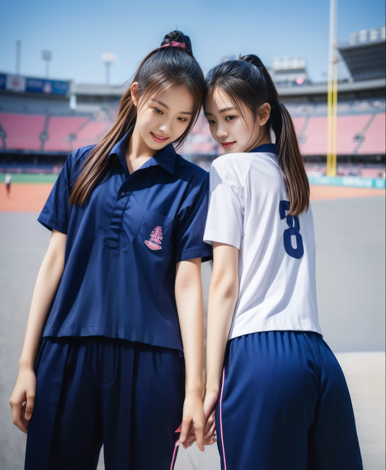 (best quality,10,10,height,Masterpiece:1.2),Special details,(realistic,ภาพrealistic,Realistic photos:1.37),1 cute girl on the football field,shiny, ผิวshiny,only,smile softly,BDclothelue shirt:1.3)),short sleeve,shirt, กางเกงขาlong.,(navy_long_track pants:1.1), ((stadium background:1.3)),Dynamic angle,excited,Face focus,dynamic poses,from behind,focus on ass,Masterpiece, best quality, ultra realistic, hyper-detail, 8K resolution, raw photos, Sharp focus, ((Navy blue shirt:1.1)), short sleeve, เส้นทางlong, perfect body, 2 mature women, 18 years old, Cinema-grade lighting system,blue sweatpants,shirtผ้าออกกำลังกาย,correct anatomy,perfect body, correct body, Sharp face, correct bodyทางกายวิภาค, full body, realistic gestures, long-haired, realistic poses,Wear long shorts................................,ช่วงขาlong,Good shape,carved girl, Slender figure, model, Good shape, beautiful body,blue sweatpants, two girls kissing