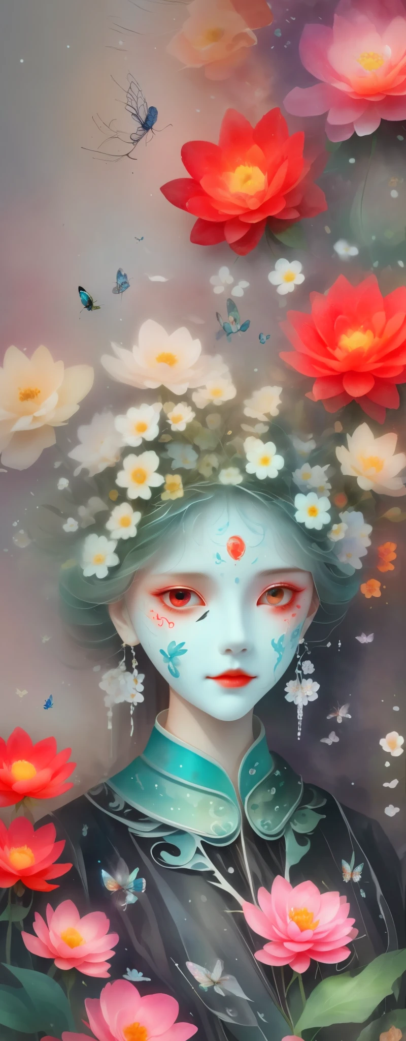 watercolor painting：1.37，wet，flowing water marks。1 puppet，Mechanical doll，empty eyes，mask among flowers，White mask surrounded by flowers，3D mask，Cut-out mask，Glowing insects，black，red，green，light and shadow，Actual situation，perfect composition，