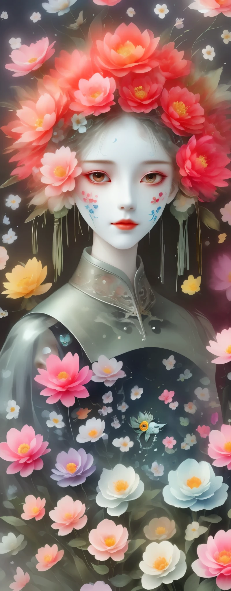 watercolor painting：1.37，wet，flowing water marks。1 puppet，Mechanical doll，empty eyes，mask among flowers，White mask surrounded by flowers，3D mask，Cut-out mask，Glowing insects，black，red，green，light and shadow，Actual situation，perfect composition，