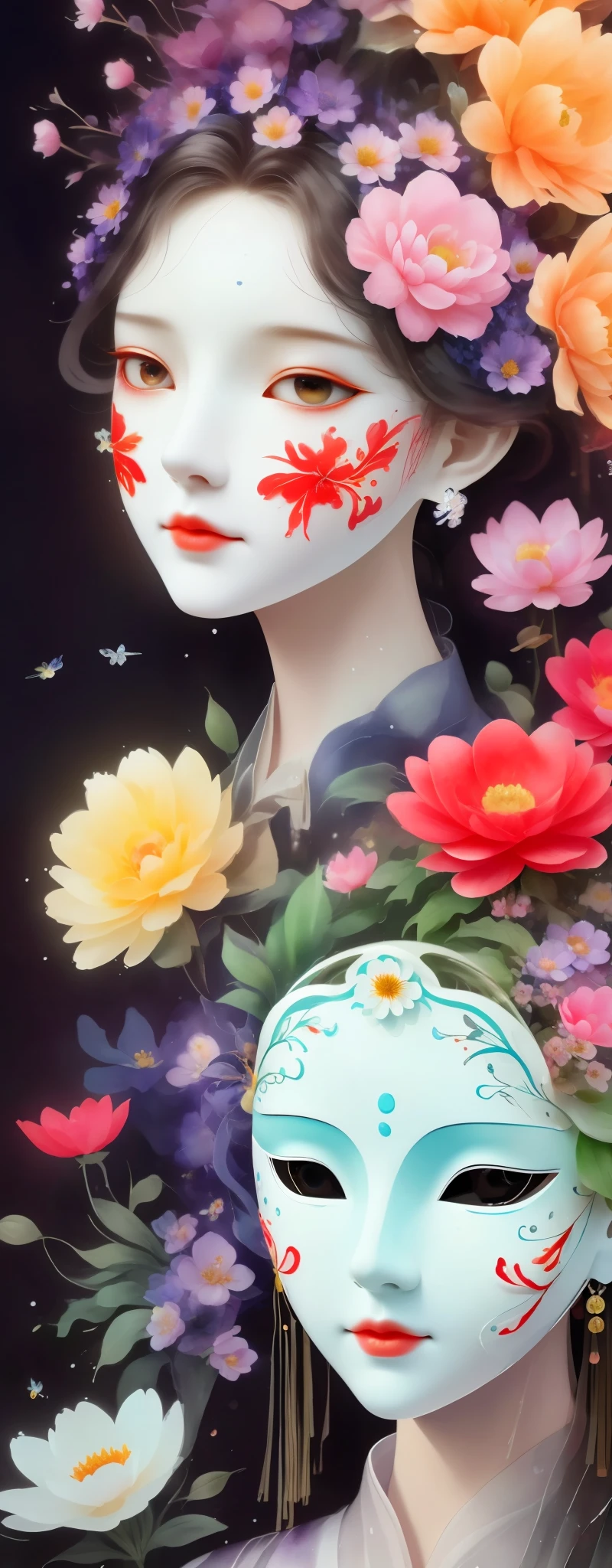 watercolor painting：1.37，wet，flowing water marks。1 puppet，Mechanical doll，empty eyes，mask among flowers，White mask surrounded by flowers，3D mask，Cut-out mask，Glowing insects，black，red，green，light and shadow，Actual situation，perfect composition，