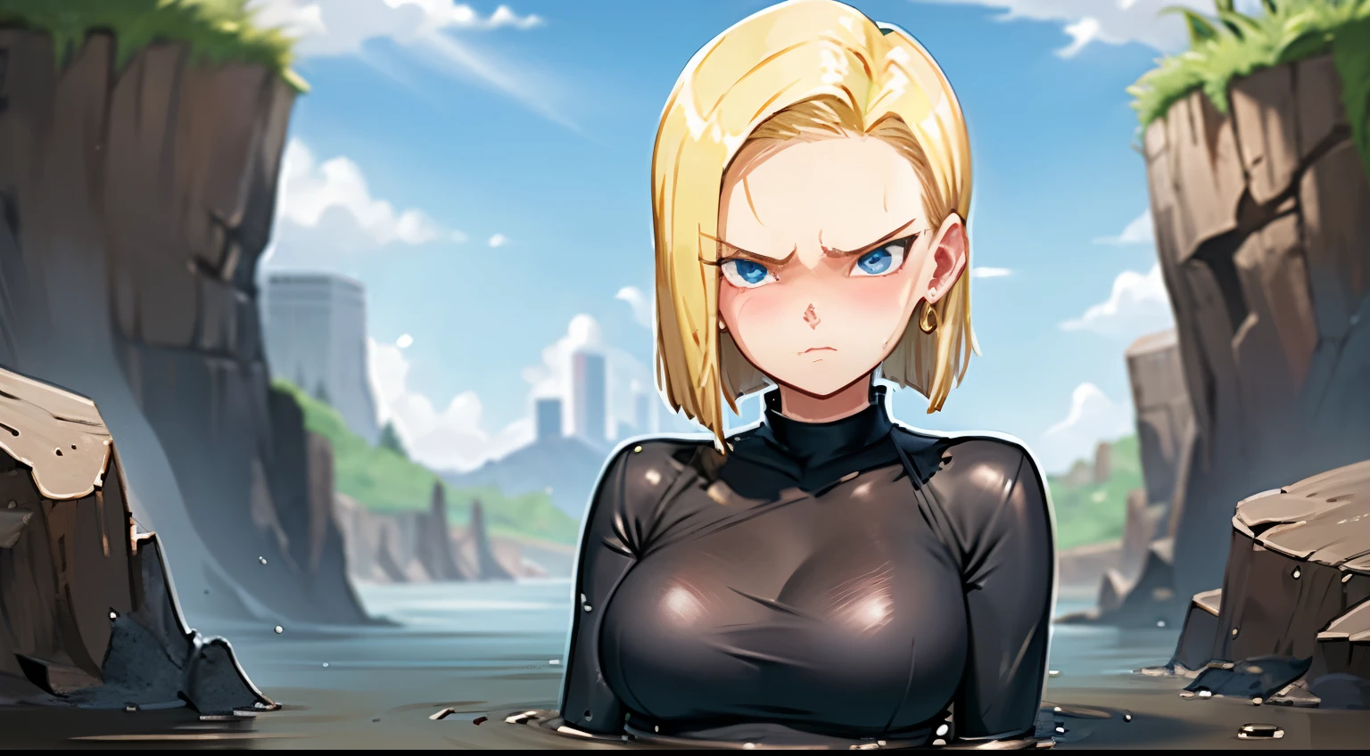 highest quality, High resolution, AND18, 1 girl, android 18, alone, blonde hair, blue eyes, short hair,earrings,big breasts, frown,blush, Sweat,1 girl, Black tight suit, streak,looking at the viewer,dense forest,the sky is cloudy,The water surface is black and murky,