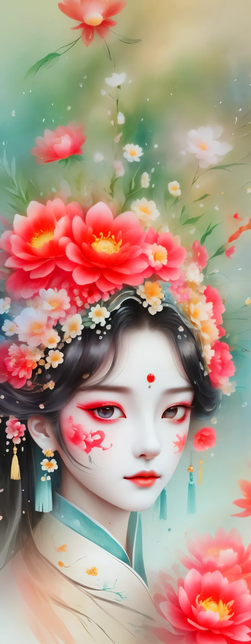 a watercolor painting：wet，flowing water marks。（Below is a portrait of a Chinese princess，exquisite makeup，flower headdress，surrounded by flowers，Chinese elements）。（There&#39;s a mask on it，Clown 3D Mask，hollow，Flowers grow from empty eyes，Flowers blooming on the mask）。Strong wind，petals in the air，